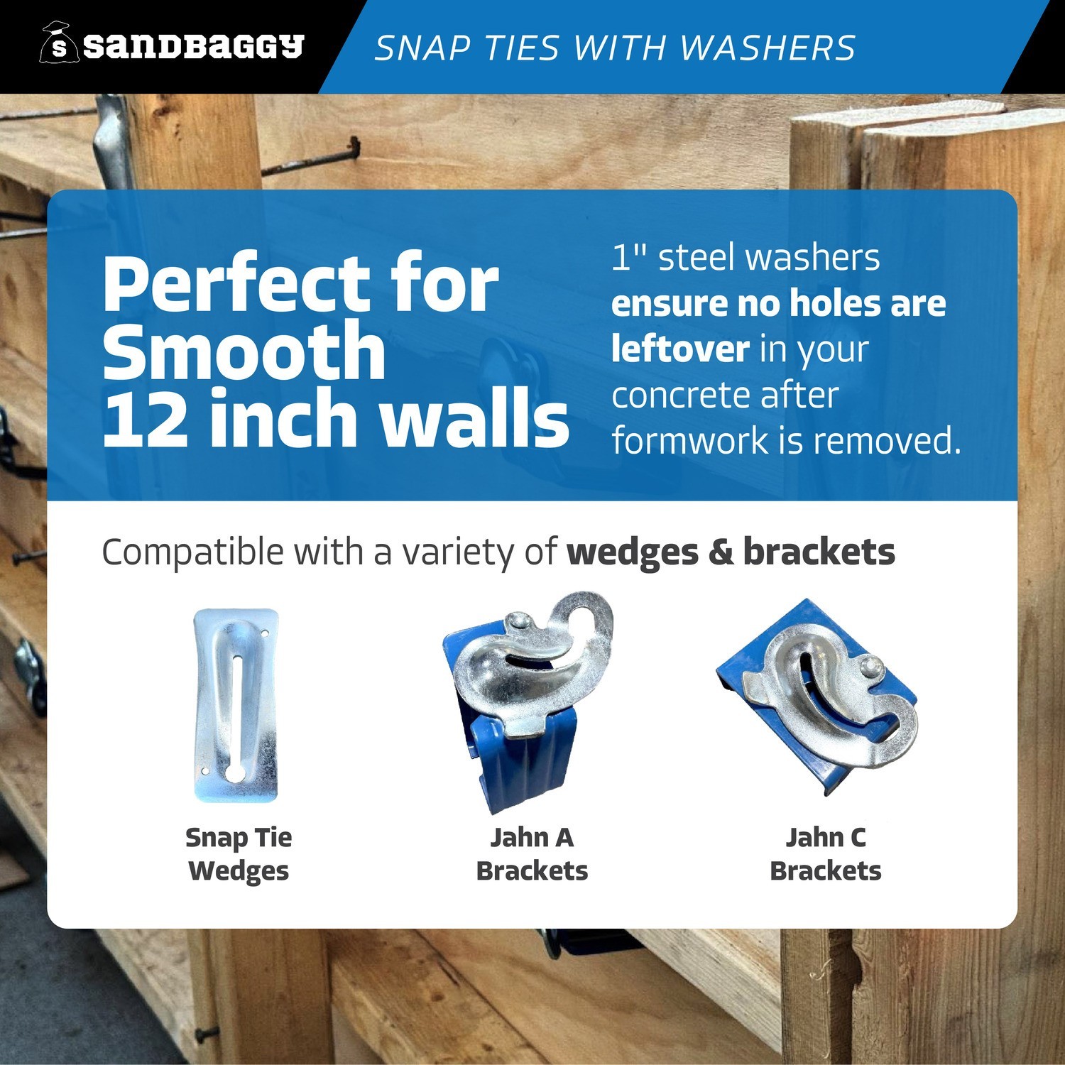 Sandbaggy 12″ x 4 ¾» Standard Snap Ties For Concrete Forms – 1″ Flat Washer