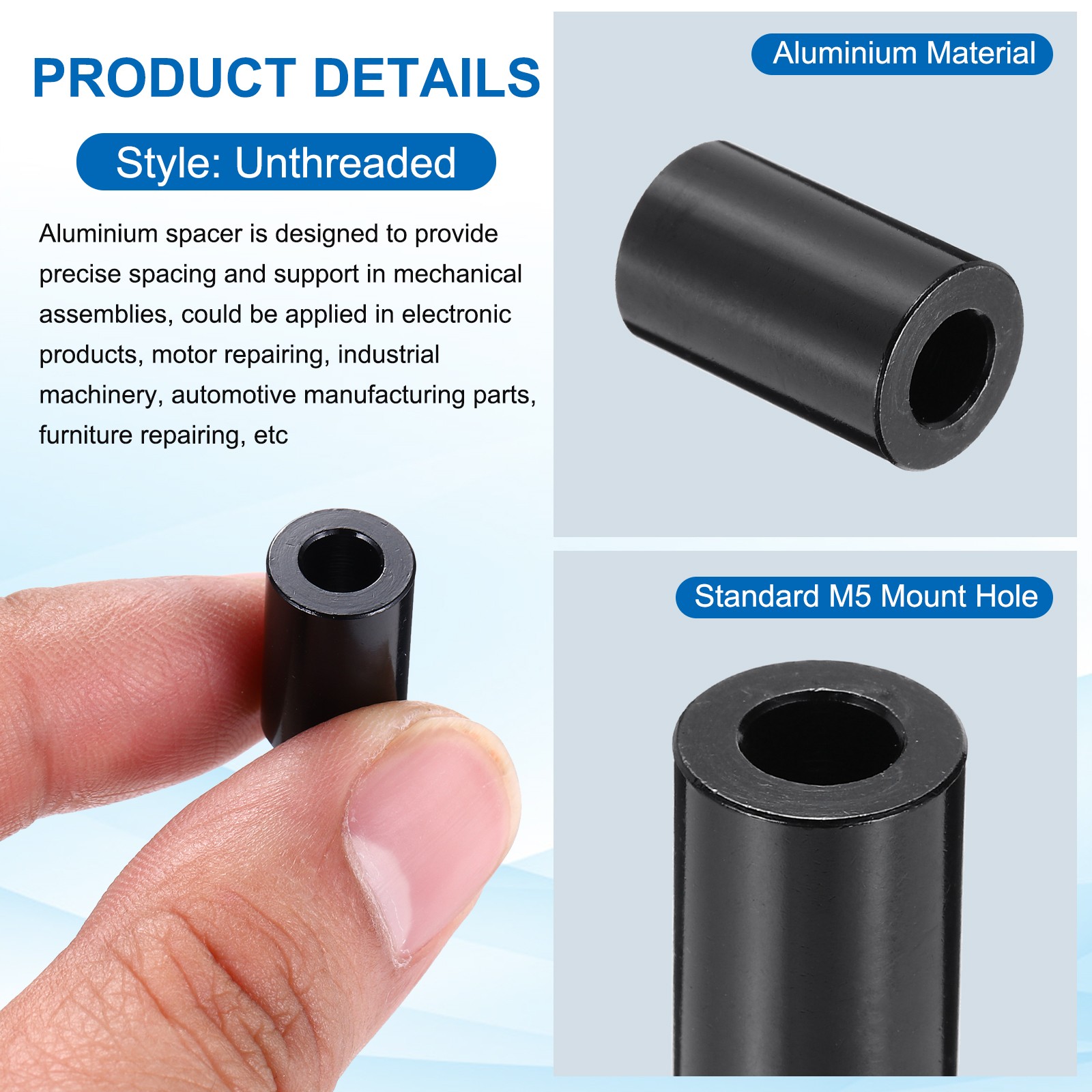 Aluminium Spacer, M5 3/16″ ID x 3/8″ OD x 5/8″ L, (Pack of 4)