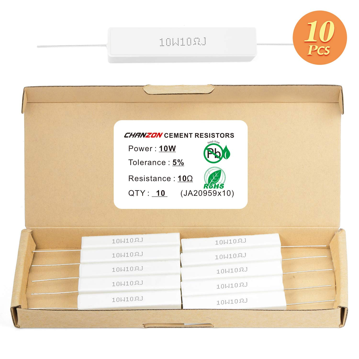 10Pcs 10W Ceramic Cement Resistor 10 O Ohm ±5% Tolerance Wirewound Induction 10