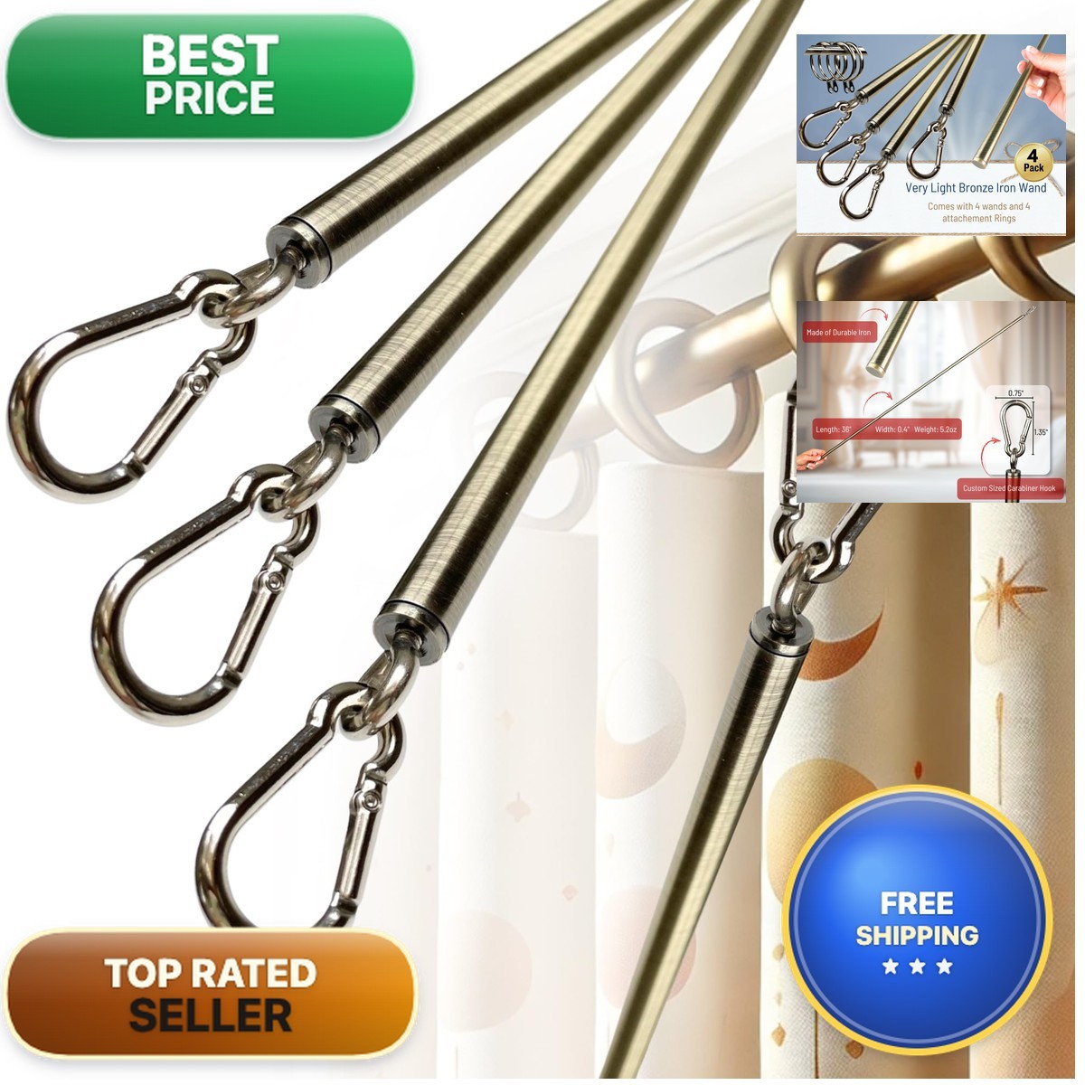 OooWow 36in 4 Pack Light Bronze Curtain Pull Wand Metal