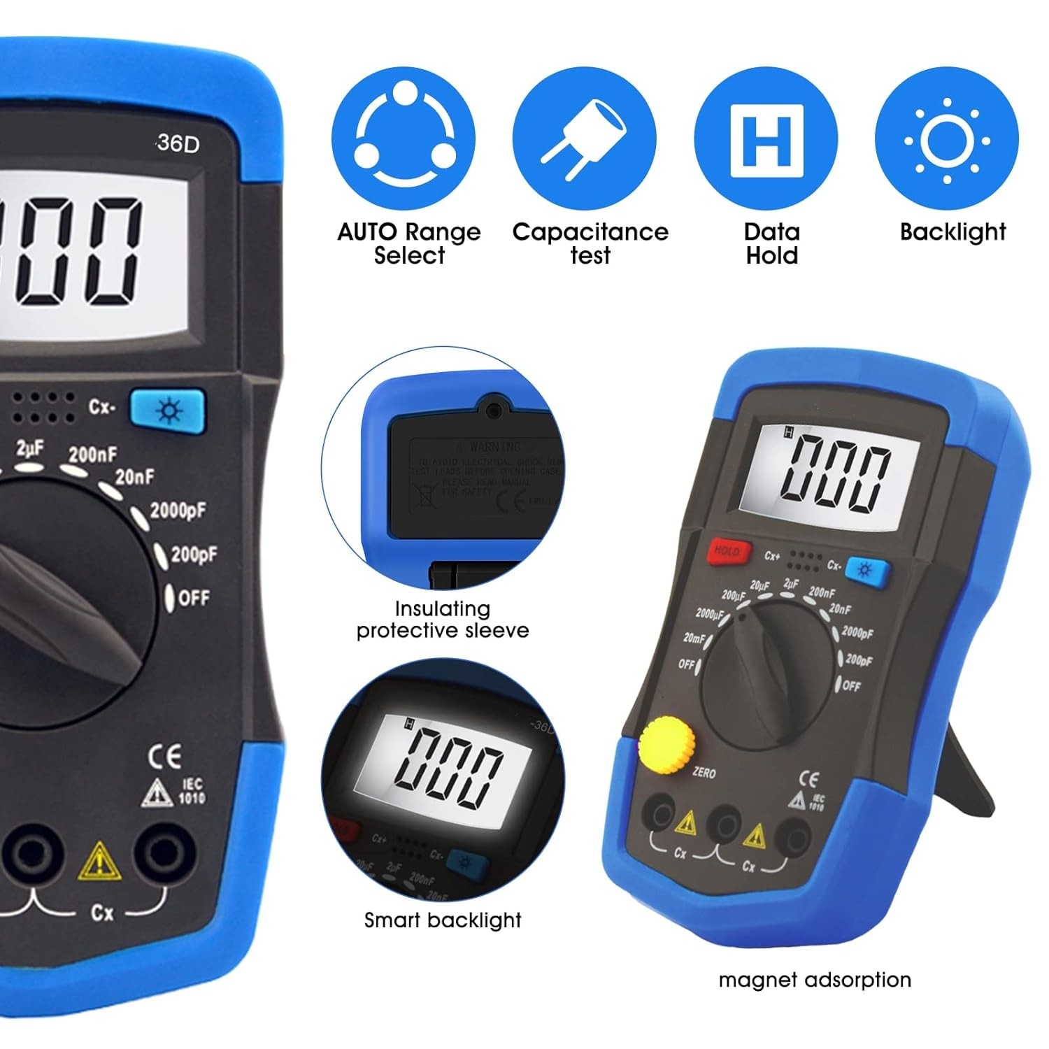 Digital Capacitance Meter Handheld Capacitor Tester 0.1pF to 20000uF LCD Backlit