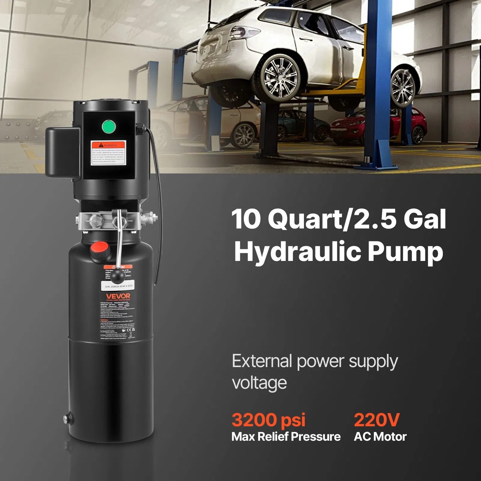 Hydraulic Pump Power Unit, AC 220V, 10 Quart Single Acting Hydraulic Unit, 6.3 L