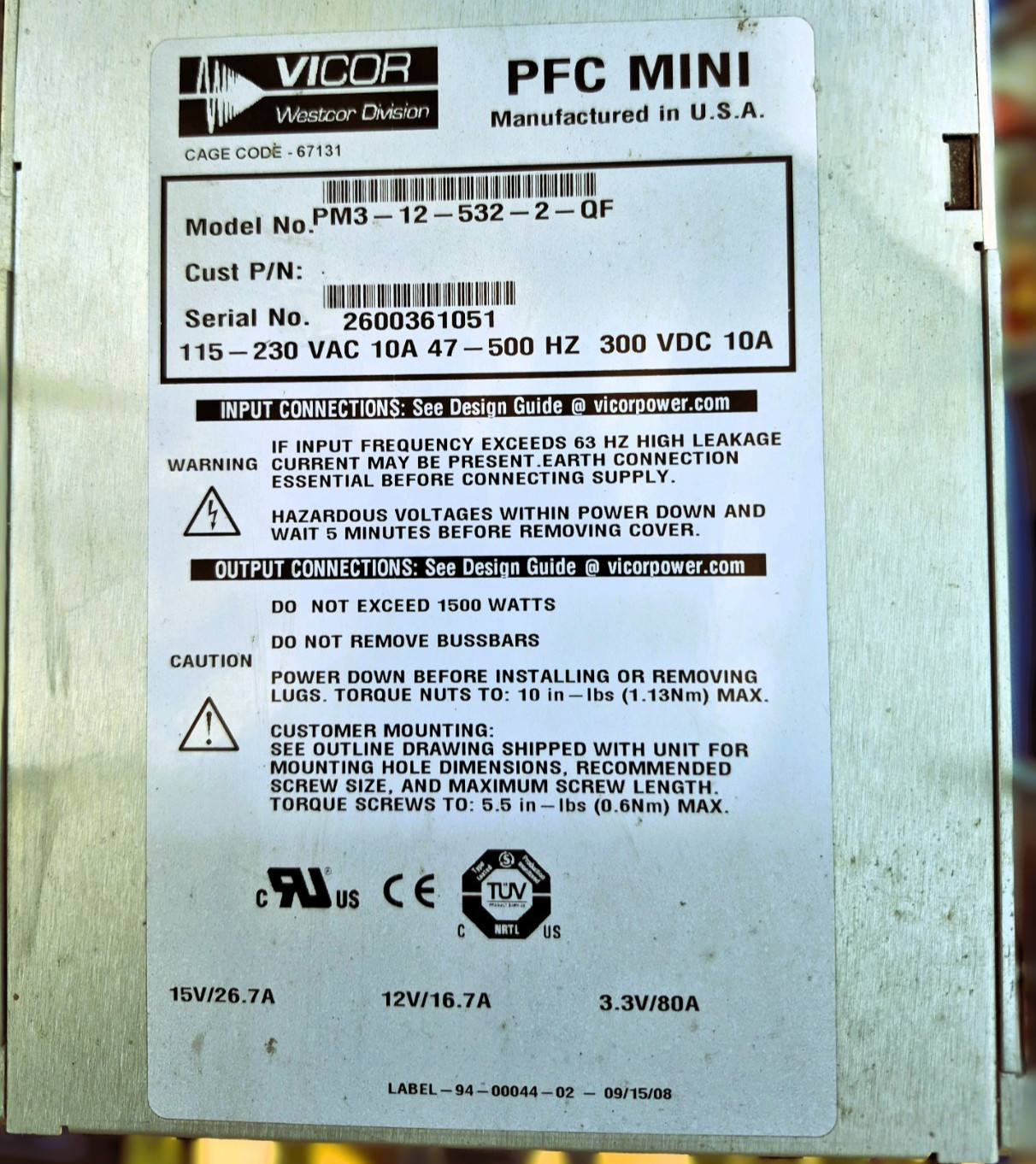 VICOR PFC MINI PM3-12-532-2-QF AC DC SWITCHING POWER SUPPLY