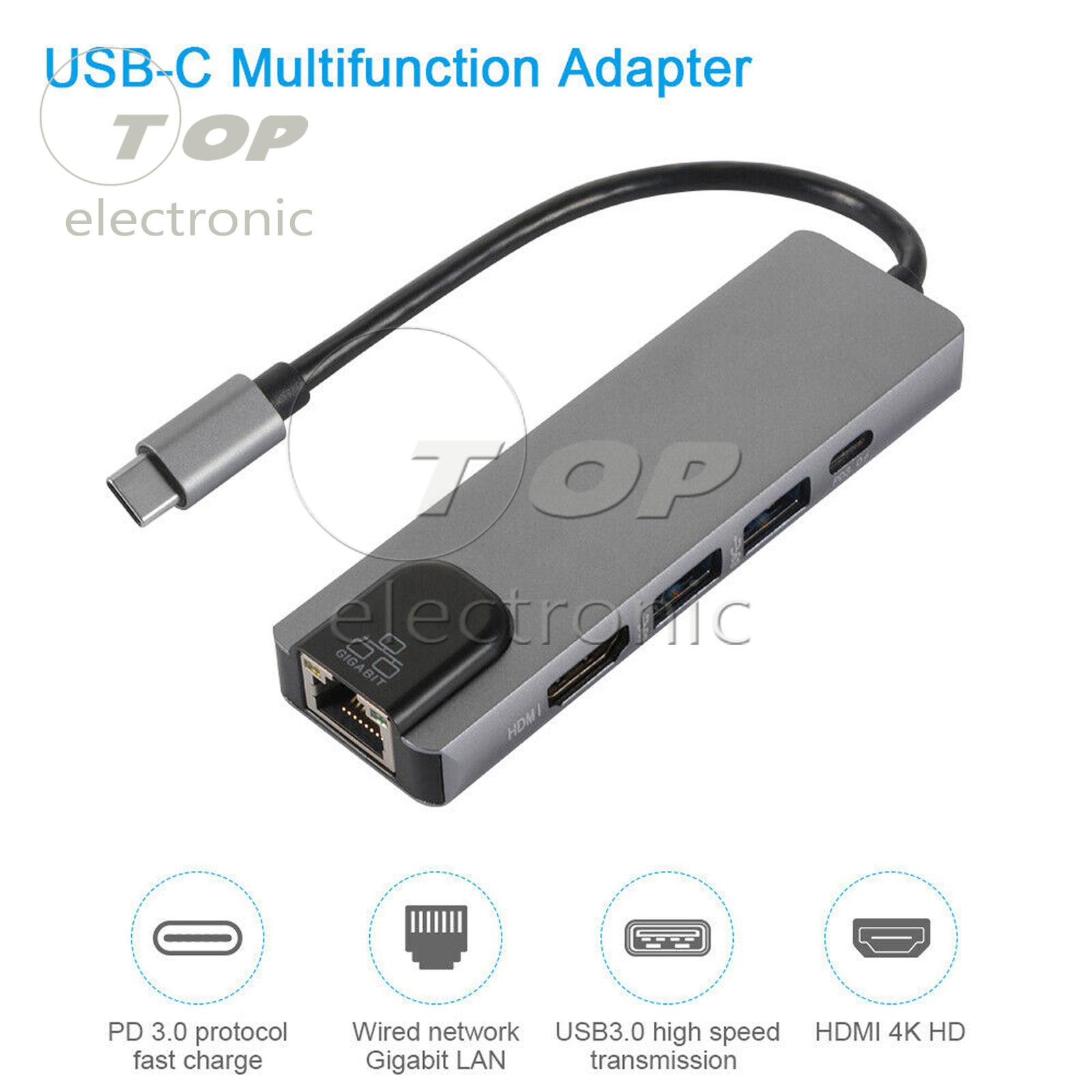 5 in 1 Type C to 4K HDMI USB 3.0 PD Charging Ethernet RJ45 Port Adapter Hub
