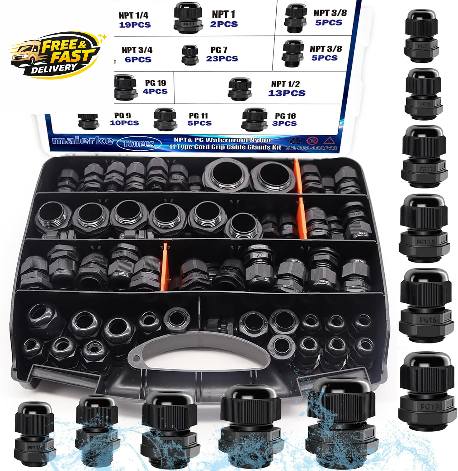 100PCS IP68 Waterproof Cable Gland Kit,Nylon Cable Glands Assortment Adjustable