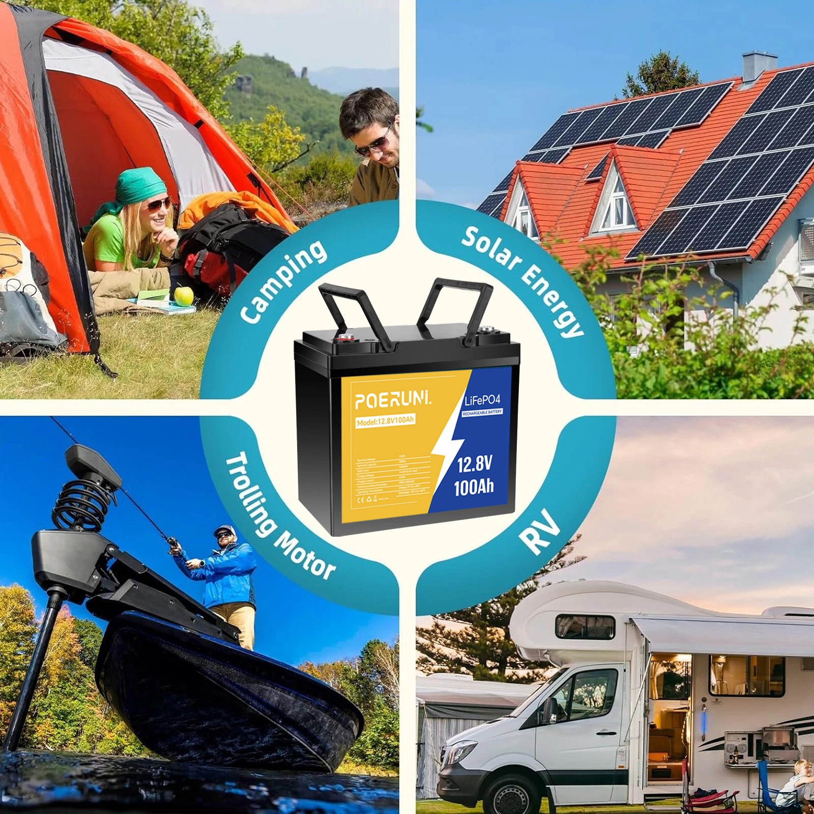 POERUNI 12V 100Ah LiFePO4 Lithium Battery BMS for Deep Cycle RV Marine Off-Grid