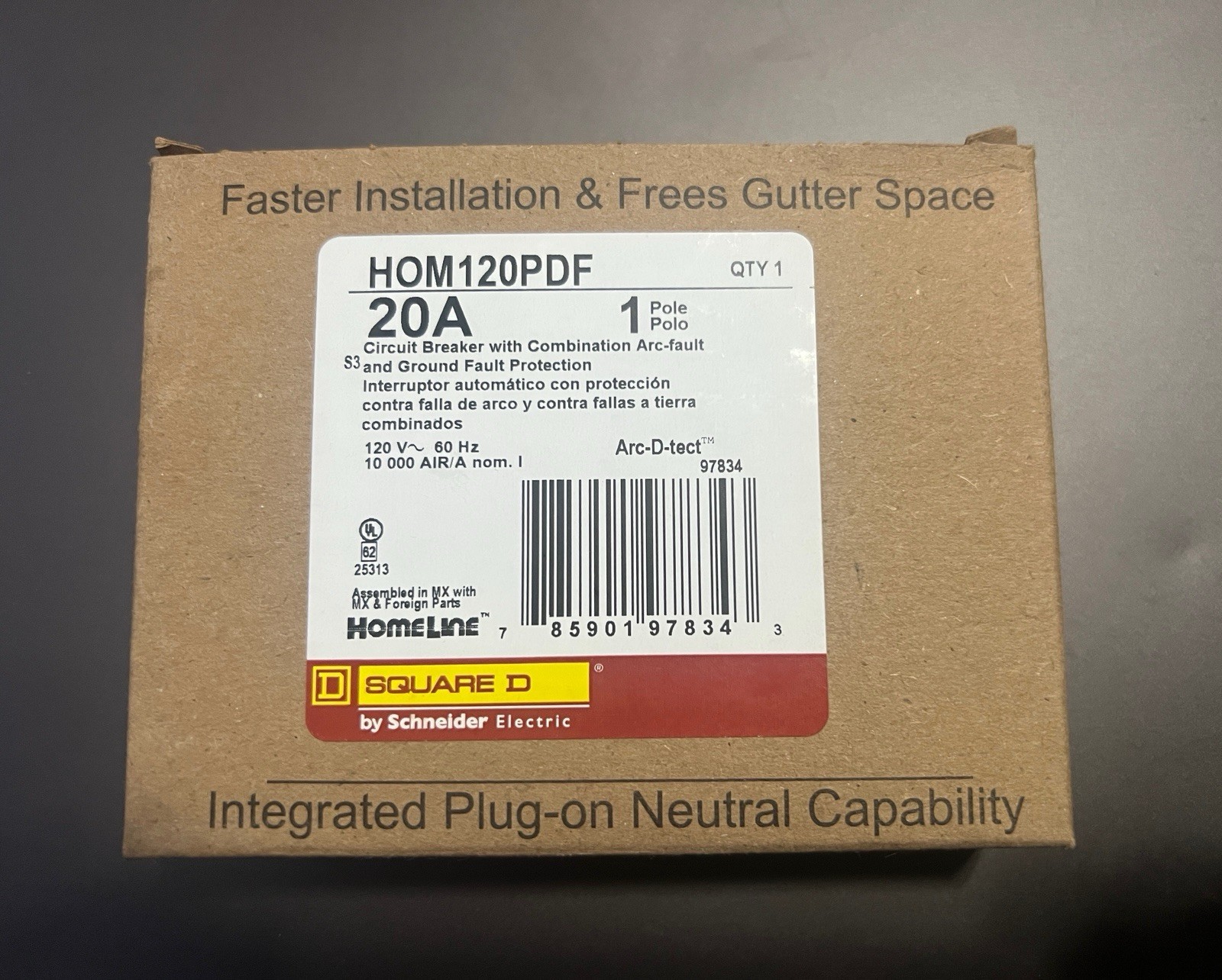 Square D HOM120PDF 20A 1 Pole Circuit Breaker Combo Arc/Ground Fault Plug On