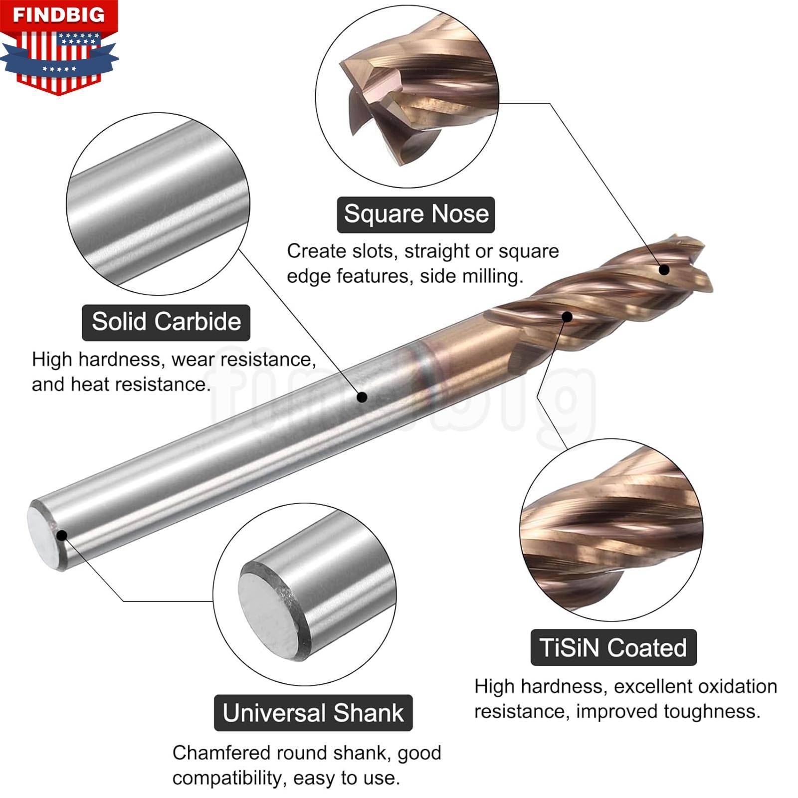 10Pcs 1/4″ 4 Flute Solid Carbide 3/4″ LOC x 2-1/2″ OAL End Mills – TiSiN Coated