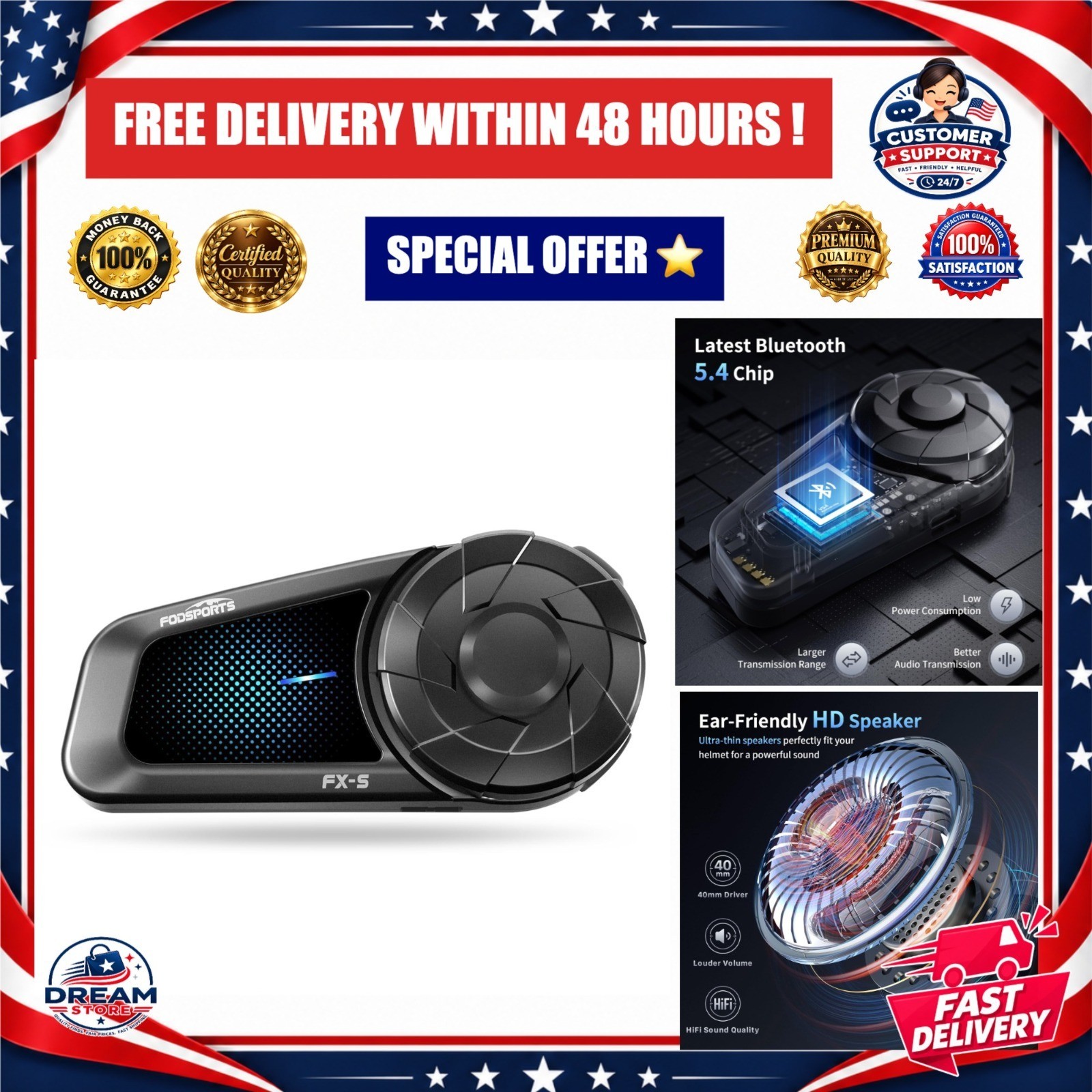 Fodsports FX-S Motorcycle Bluetooth Headset V5.4 Helmet Intercom IP67