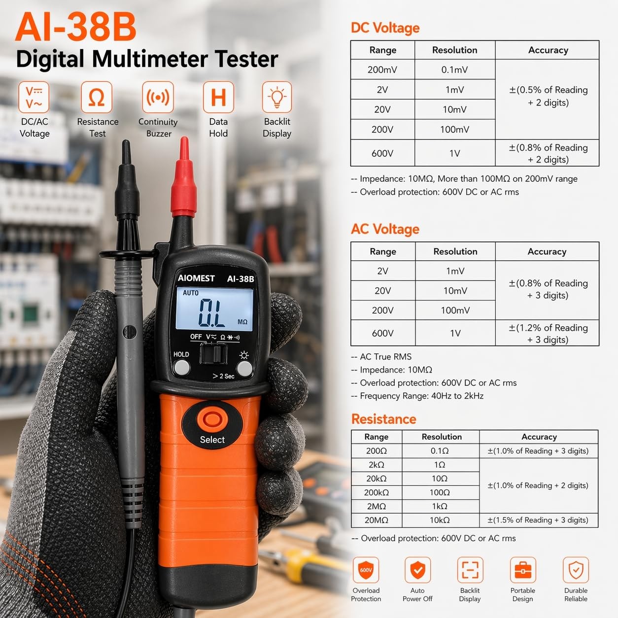 Pen Voltmeter Multimeter, 600V AC/DC Voltage Tester, Resistance 20MΩ Ohm Mete…