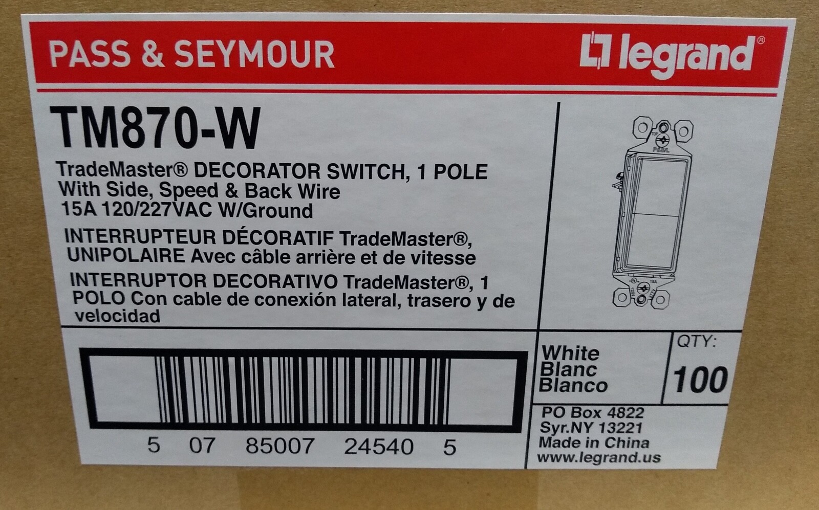 LOT OF 50 Pass Seymour TM870W 15 Amp WHITE 125 Volt 1 Pole NEW IN BOX a