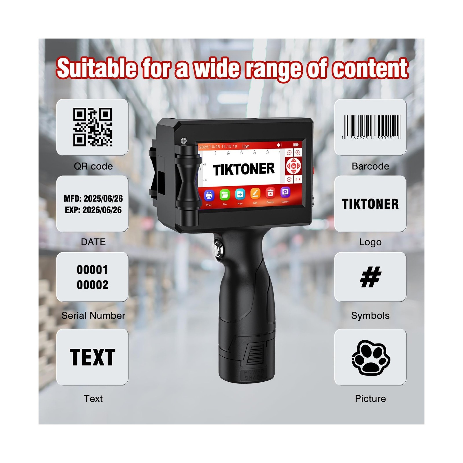 TIKTONER 1580P1 Handheld Inkjet Printer – Quick Dry Black