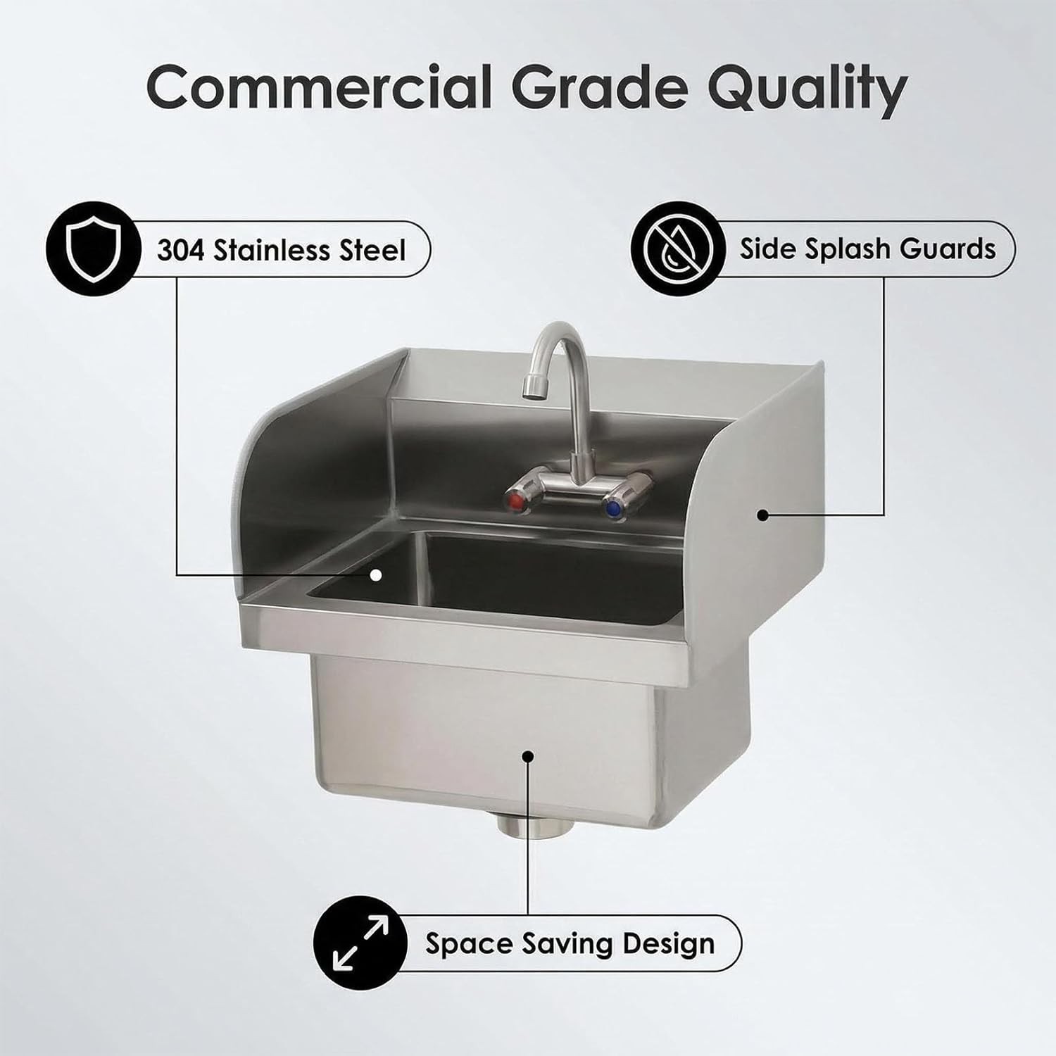 GRAVEE Stainless Steel Wall-Mounted Hand Sink with Faucet & Side Splash Basin