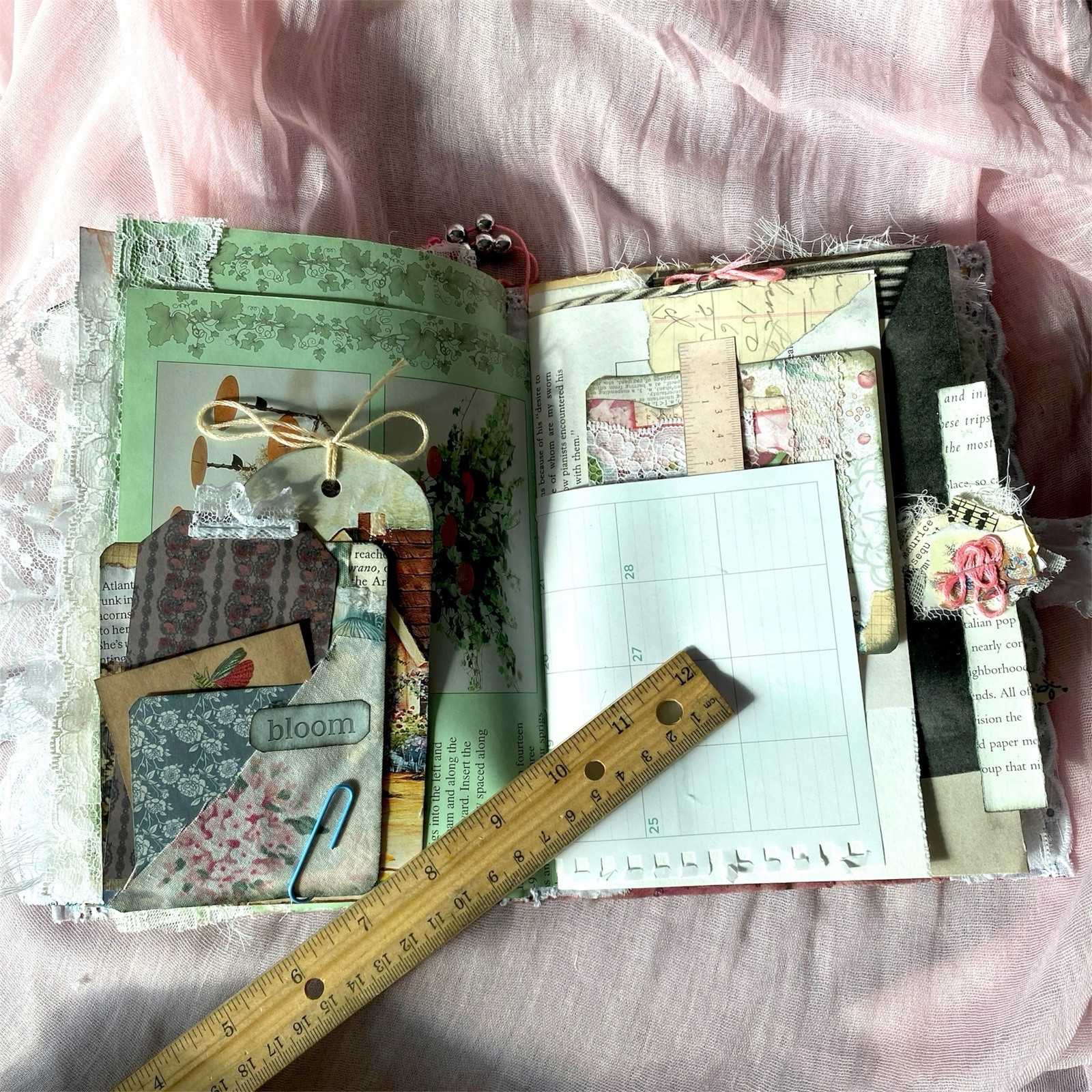Handmade Vintage Silk Fabric Junk Journal Book Romantic Floral 2 Signatures Lace