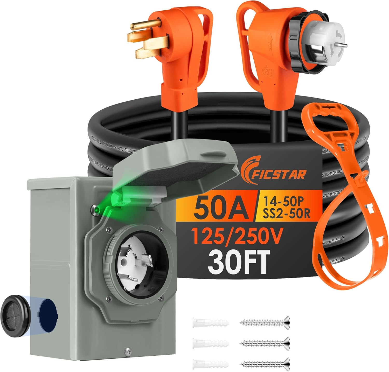 30Ft 50 Amp Generator Cord Inlet Box Kit NEMA 14-50P SS2-50R 125/250V