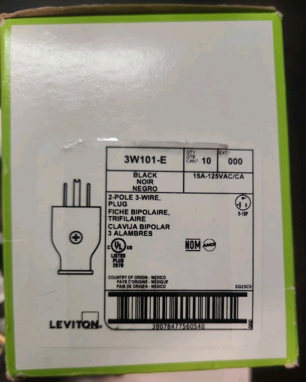 Leviton 2-Pole 3 Wire Grounding Plug 3W101-E NEMA 5-15P Clamptite Black – 10 Pcs