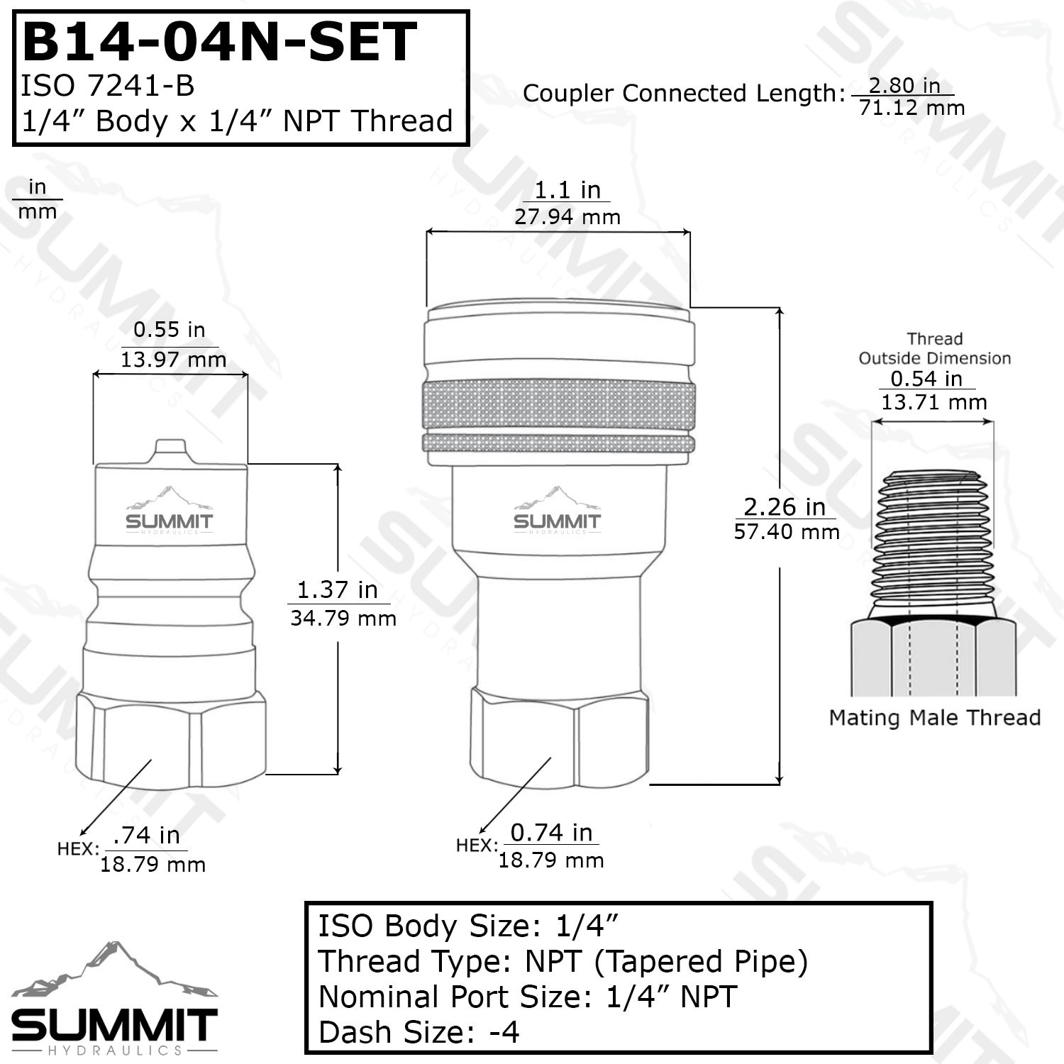 1/4″ NPT Thread Hydraulic Coupler Set ISO 7241-B Poppet Coupling Skid Steer B14M
