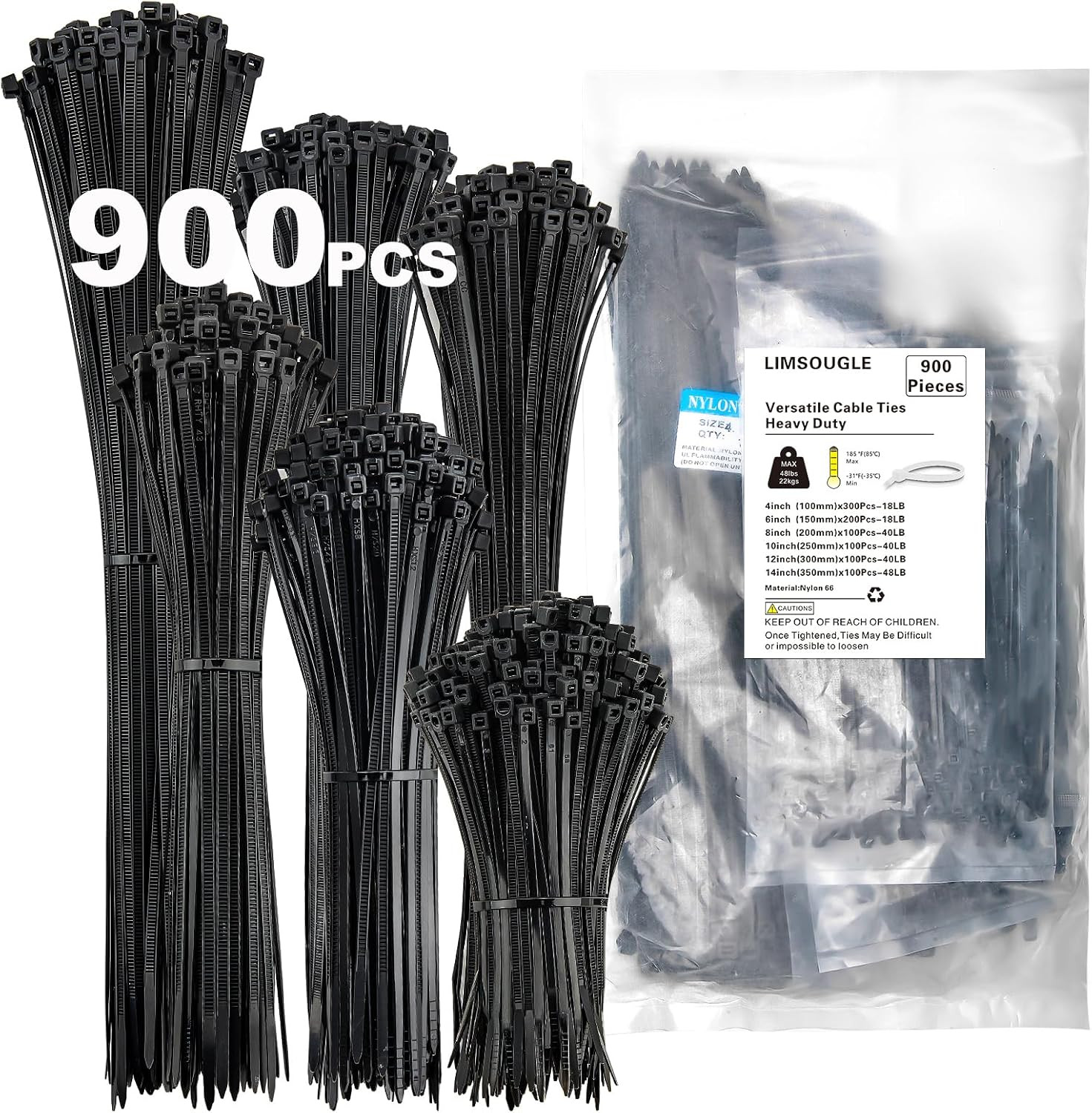Zip Ties Assorted Sizes(14+12+10+8+6+4 Inch), 900 Pcs Black Zip Ties for Home, O
