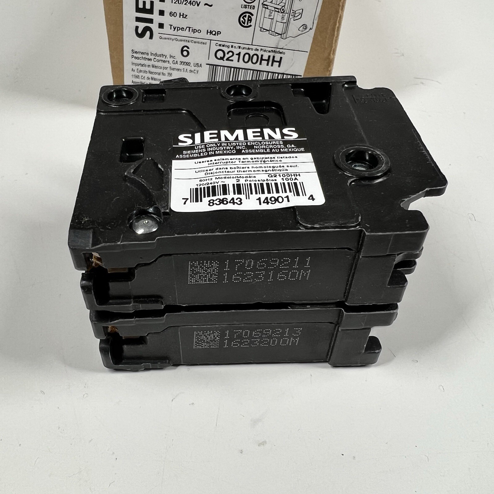(1) Siemens Q2100HH 100 Amp, 2 Pole, 120/240VAC Bolt-On Circuit Breaker New