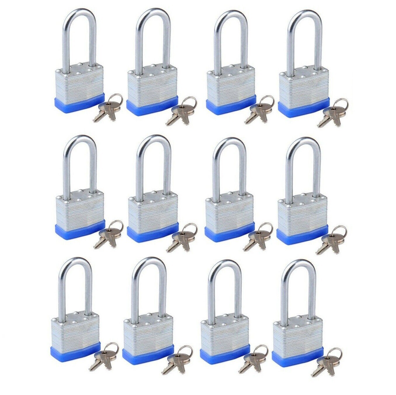 Lot of 12 Piece 50mm 2inch Laminated Pad Locks Keyed the Same Alike Long Shackle