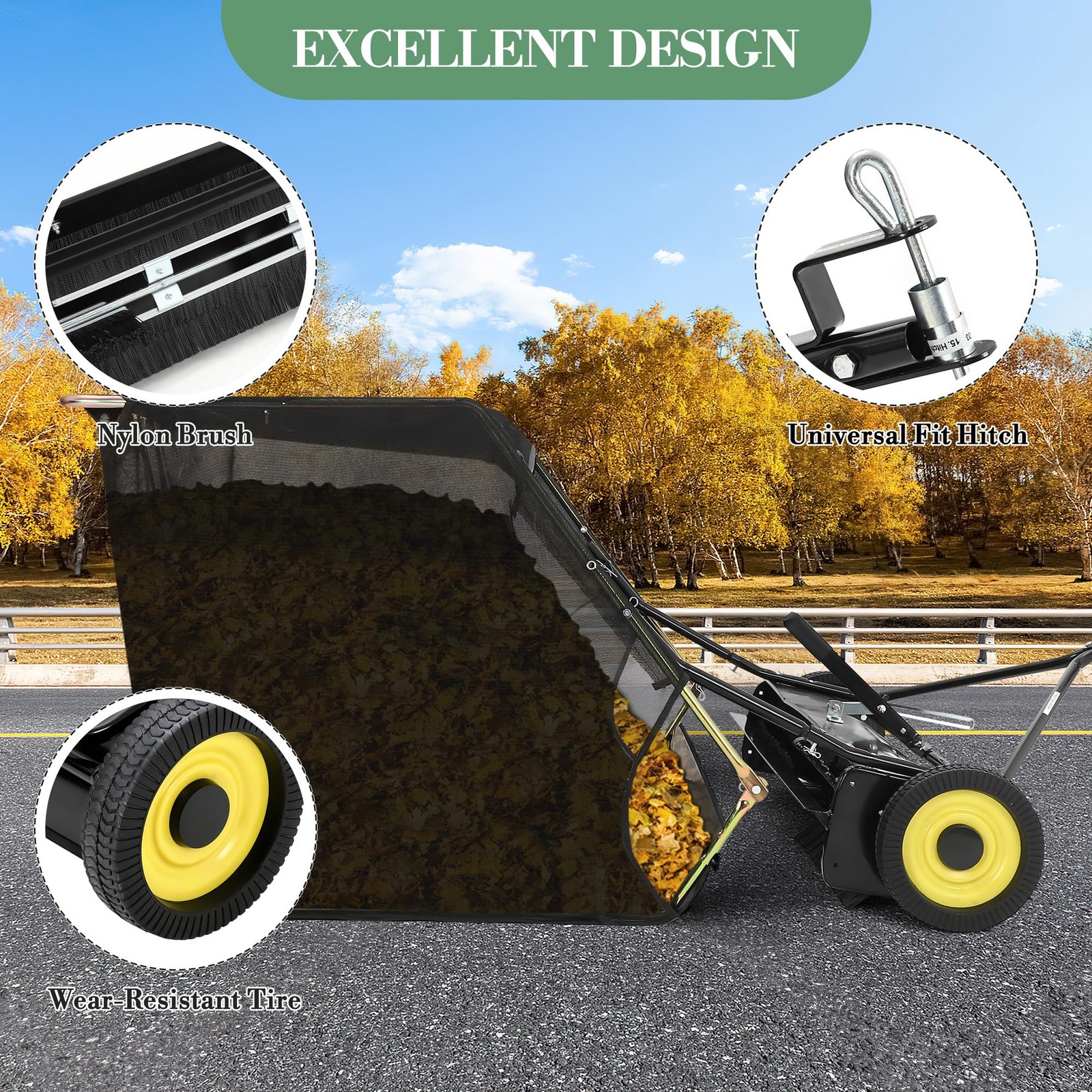 44″ Tow Behind Lawn Sweeper Leaf Collector Sweeper for Lawn Grass Sweeper Hopper