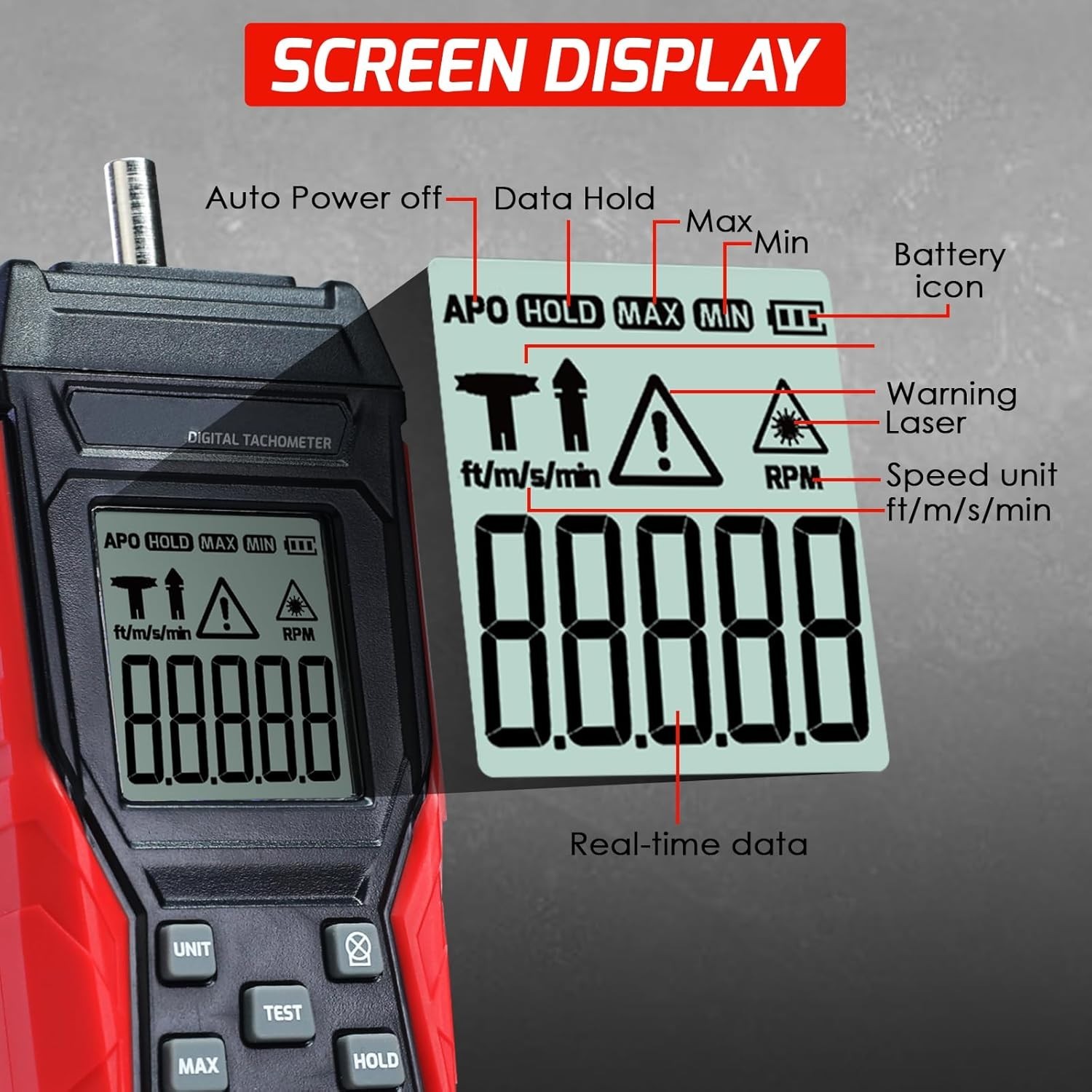 Versatile Digital Tachometer with Data Hold & Backlight – Ideal for Mechanics