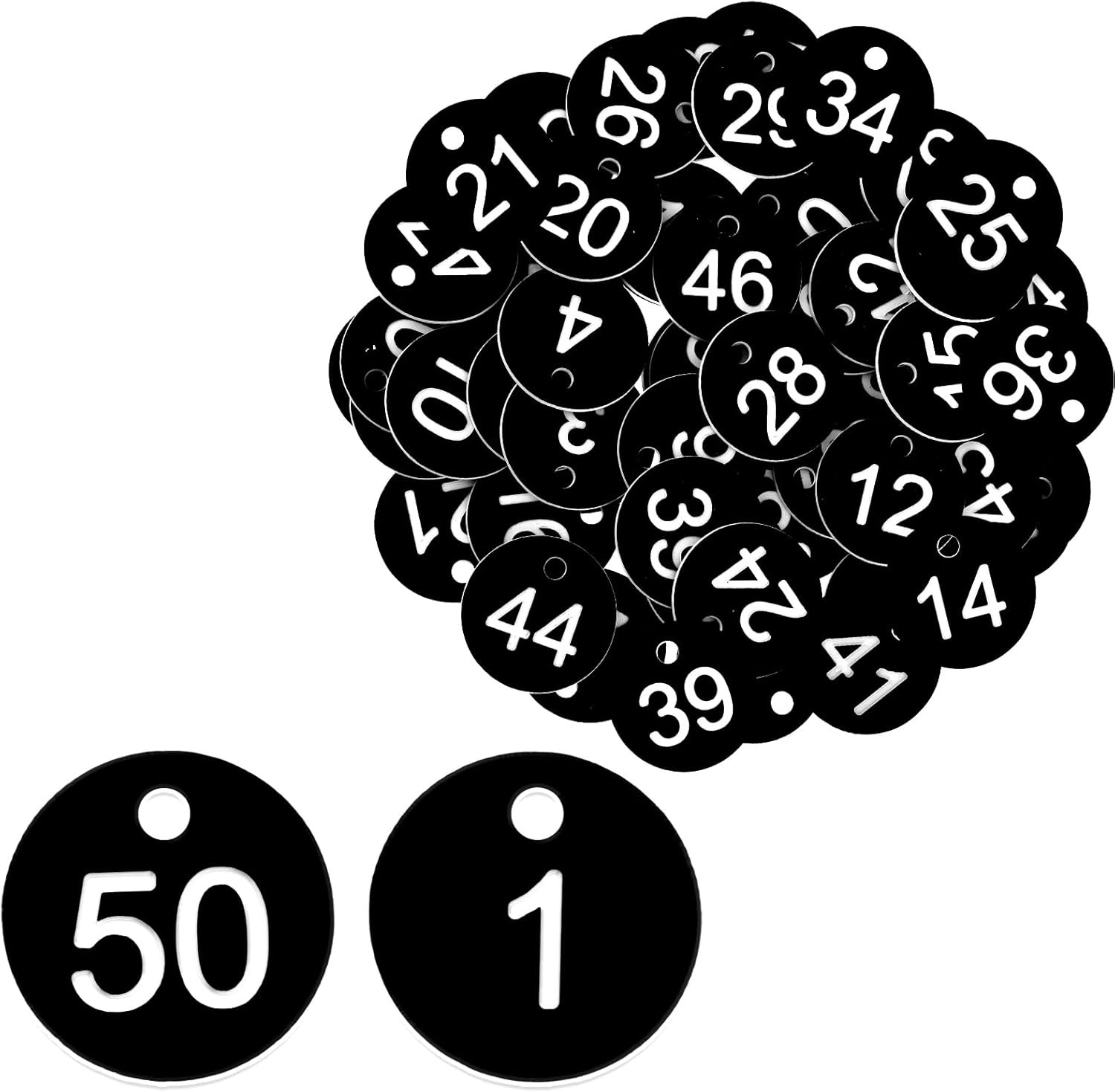 1-50 Number Tags, Plastic ID Number Hang Tags with Hole, Engraved Round Numbered