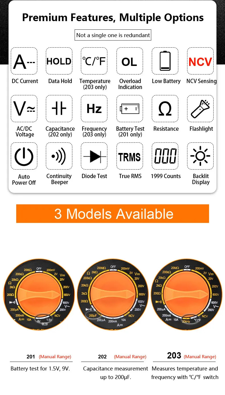 Digital Multimeter Portable Compact Manual Ranging Voltage Current Resistance