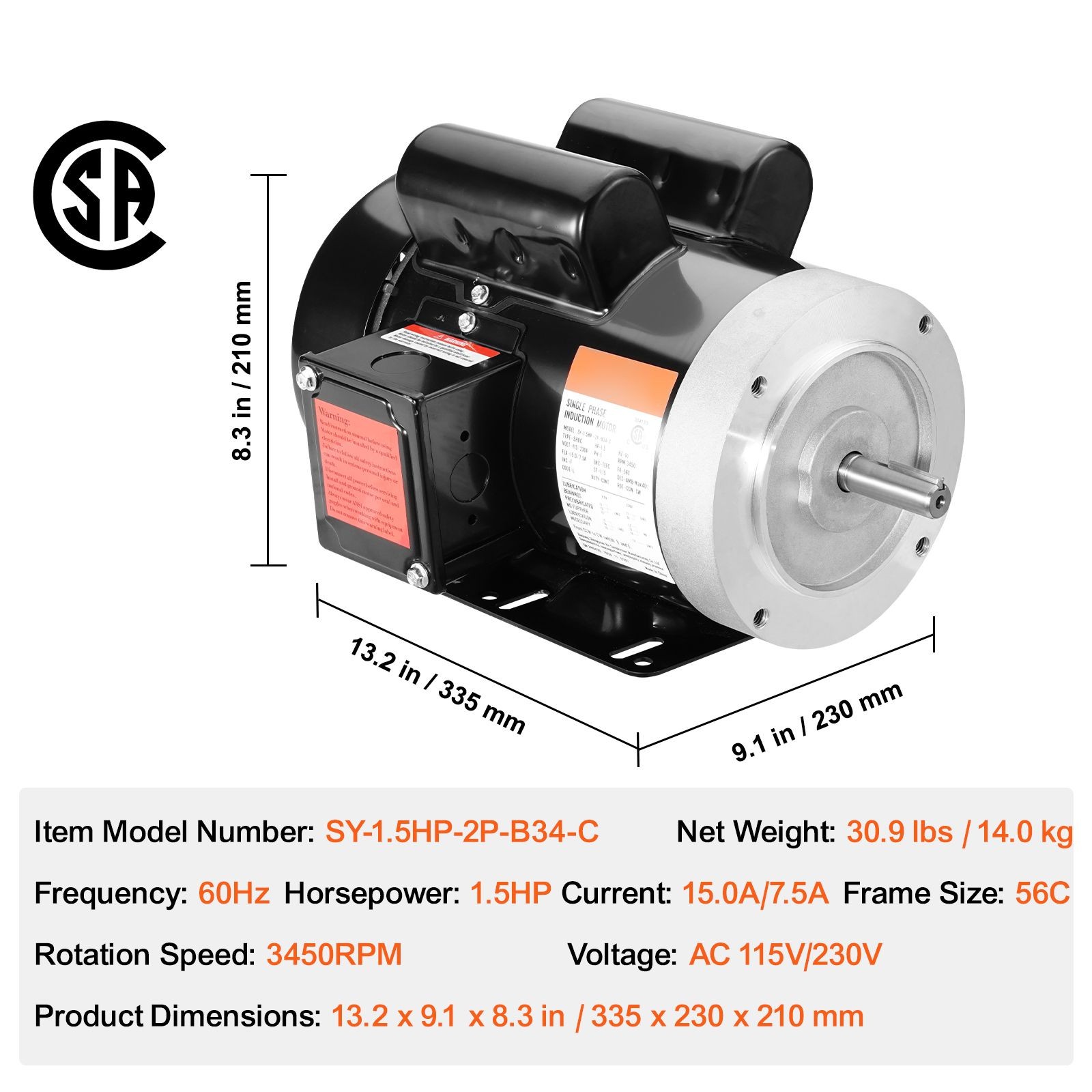 1.5HP Electric Motor 3450 rpm, AC 115V/ 230V, 56C Frame, Air Compressor Motor