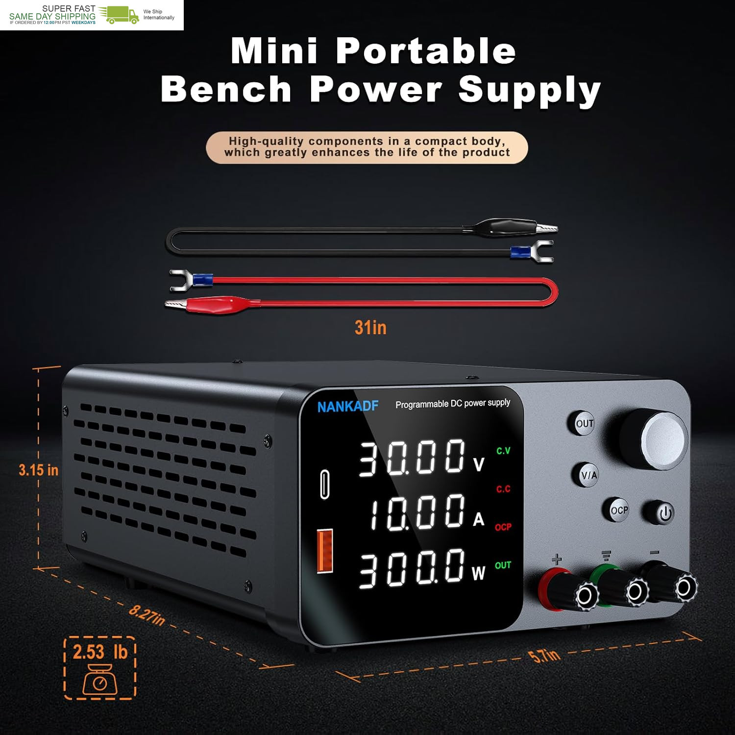 DC Power Supply, 30V 10A Bench Power Supply with Encoder Adjustment, 5V/3.6A Usb