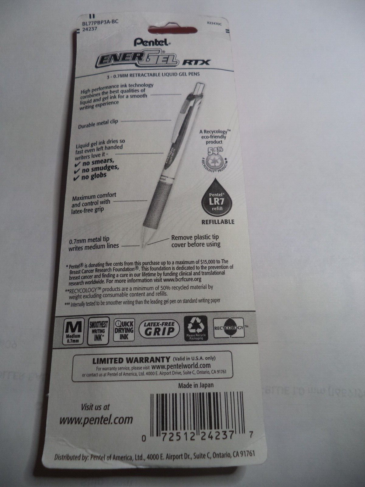 3 Pentel EnerGel RTX Gel Pens MEDIUM .7mm BLACK Ink LIQUID BCRF PEN CANCER PINK