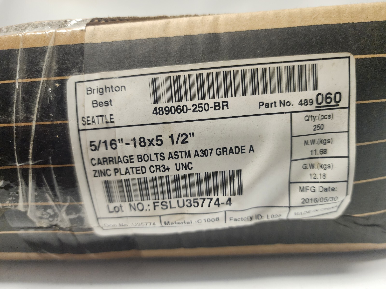 Box of 250 pcs Brighton Best A307 Grade A Carriage 5/16-18 x 5-1/2” Long