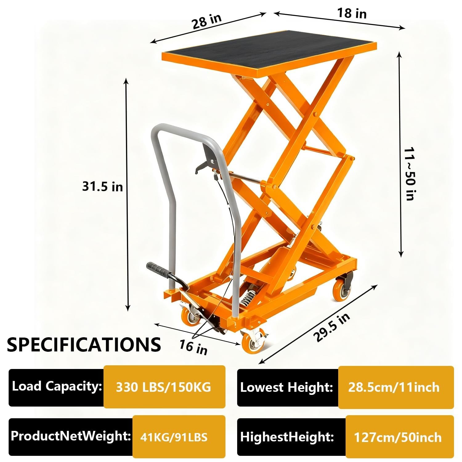 Manual Double Scissor Lift Table Hydraulic Lift Cart 330Lbs 50 Inch Lifting