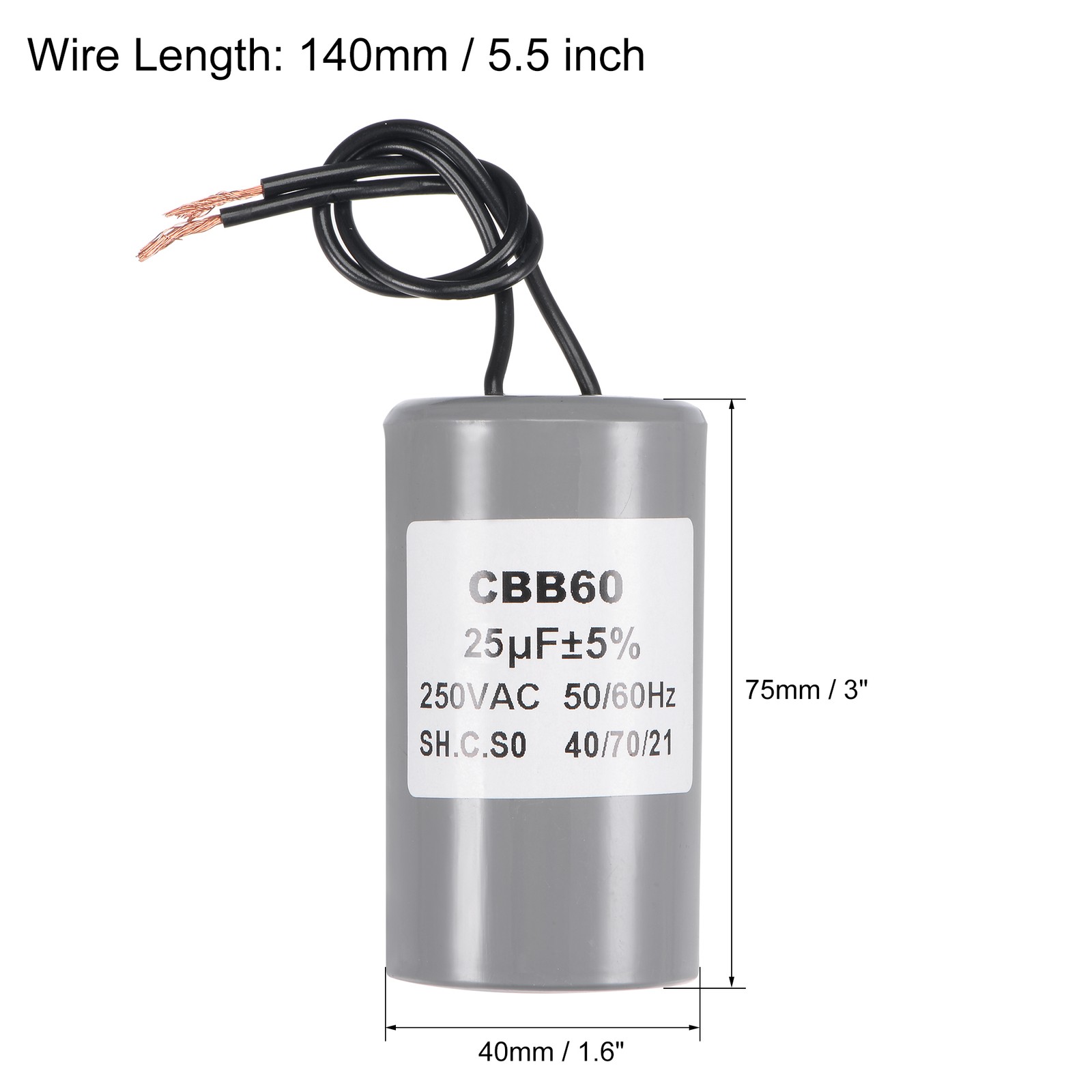 CBB60 Run Capacitor for Pump Motor Capacitor 25uF 250V AC 2 Wires 50/60Hz
