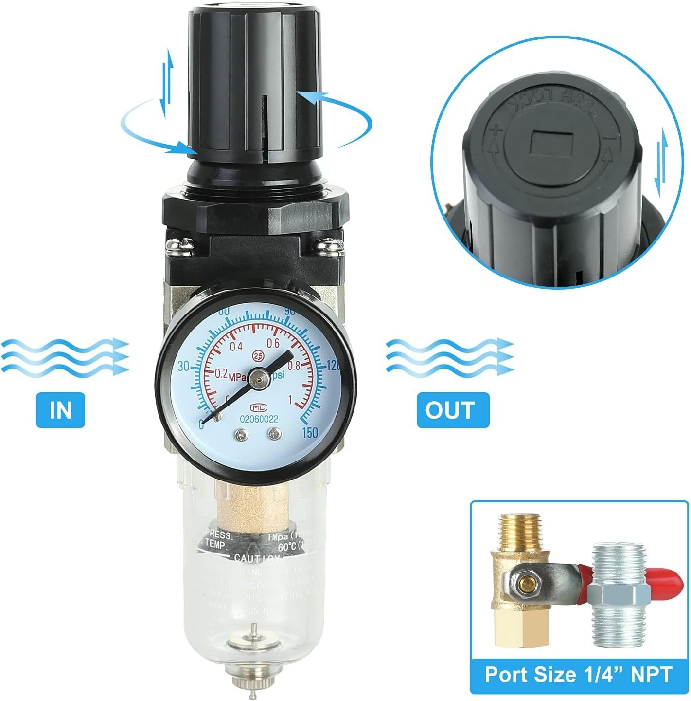 Adjustable Air Compressor Filter Regulator Combo for Dry Air Supply – 150 PSI