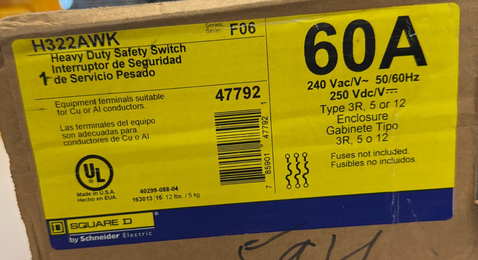 Square D 60 Amp 240V 3Pole Fusible Heavy Duty Safety Switch Nema 12 + 3R H322AWK