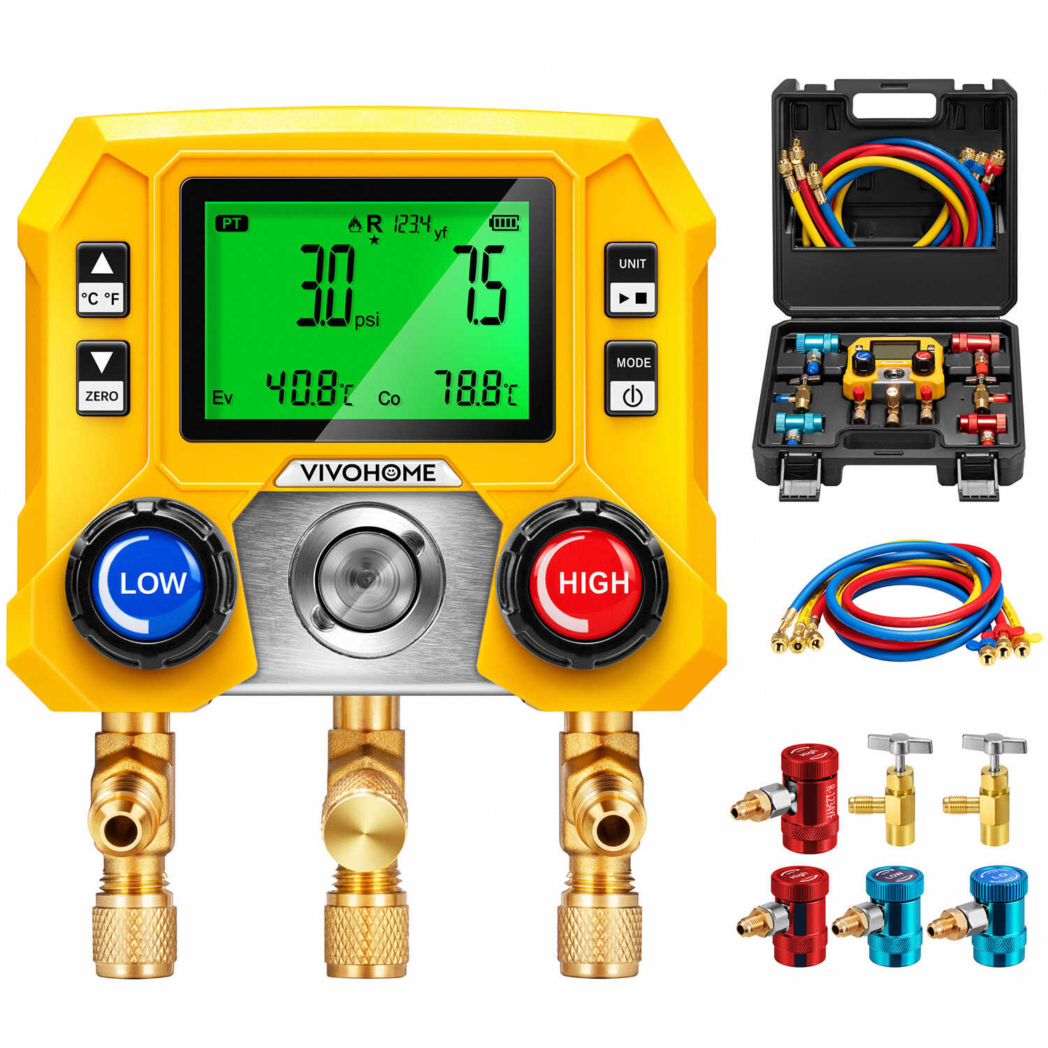 Refrigeration Digital AC Manifold Gauge Set 3 Way HVAC Gauges for R1234yf R134a