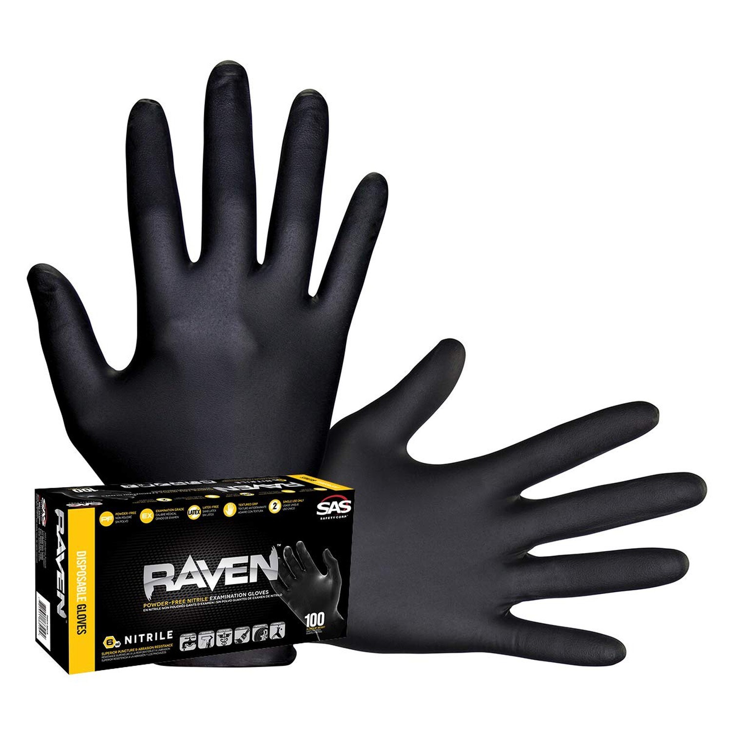 SAS Safety 66518 Raven Powder-Free Disposable Black Nitrile 6 Mil Gloves, Lar…