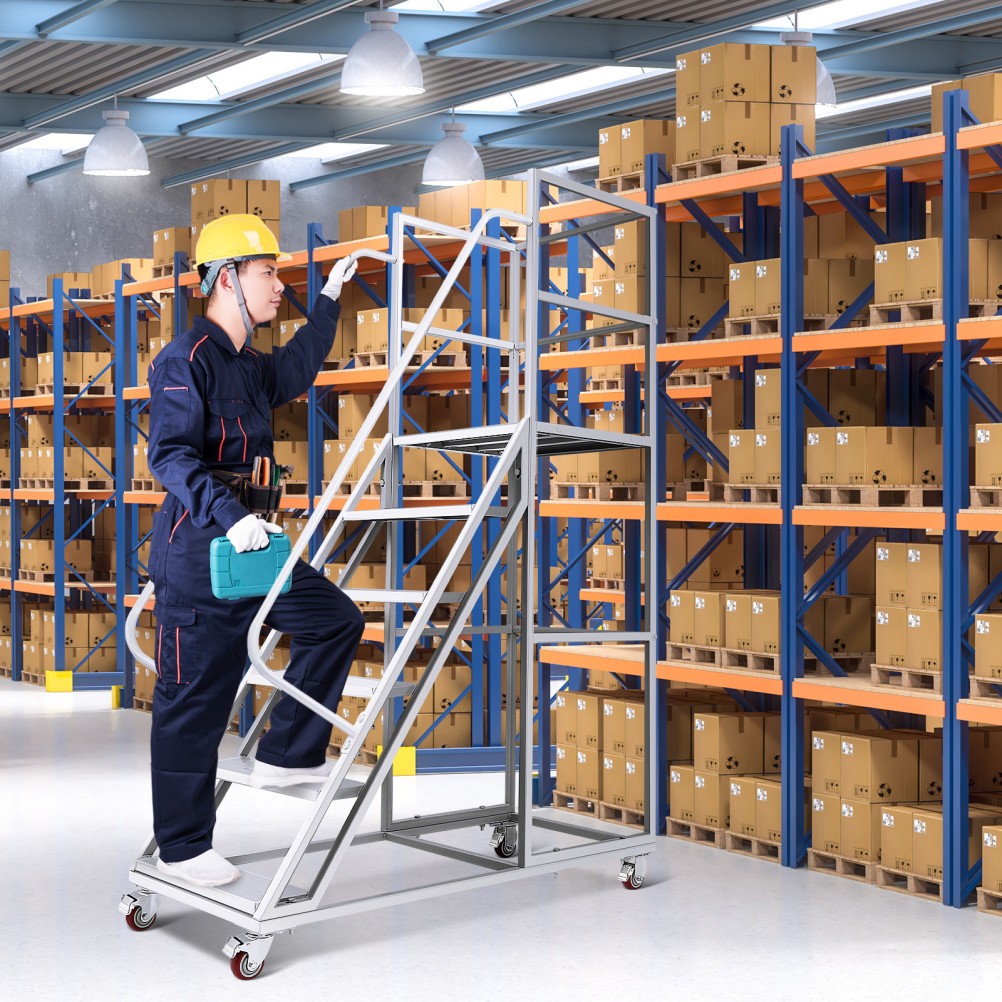 6 Step Rolling Warehouse Step Ladder, Movable Platform Ladder with Locking Wheel