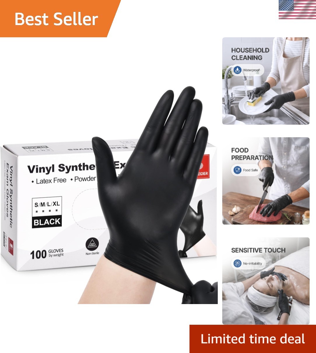 4 Mil Black Vinyl Gloves – Disposable, Food Safe, 100 Count, Medium Size