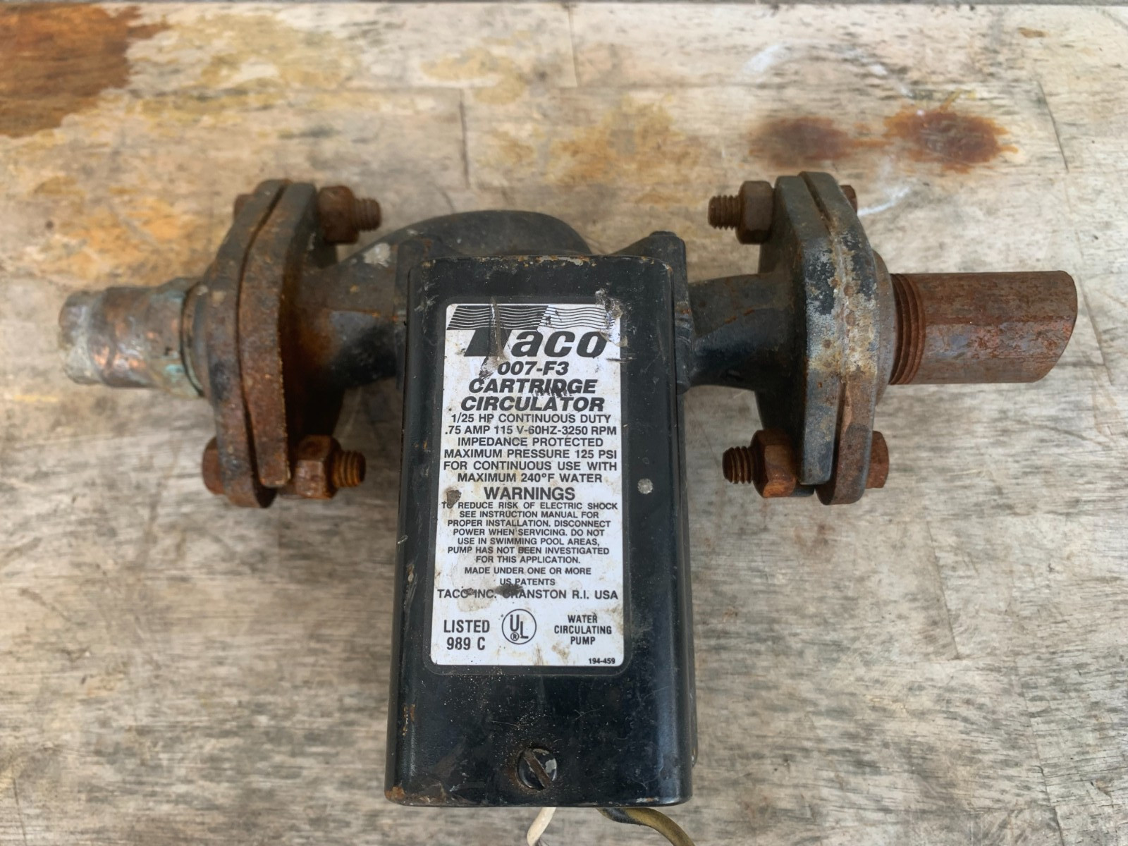 Taco 007-F5 Cartridge Circulator Pump 1/25 Hp .71 Amp 3250 Rpm WROKS USA Made