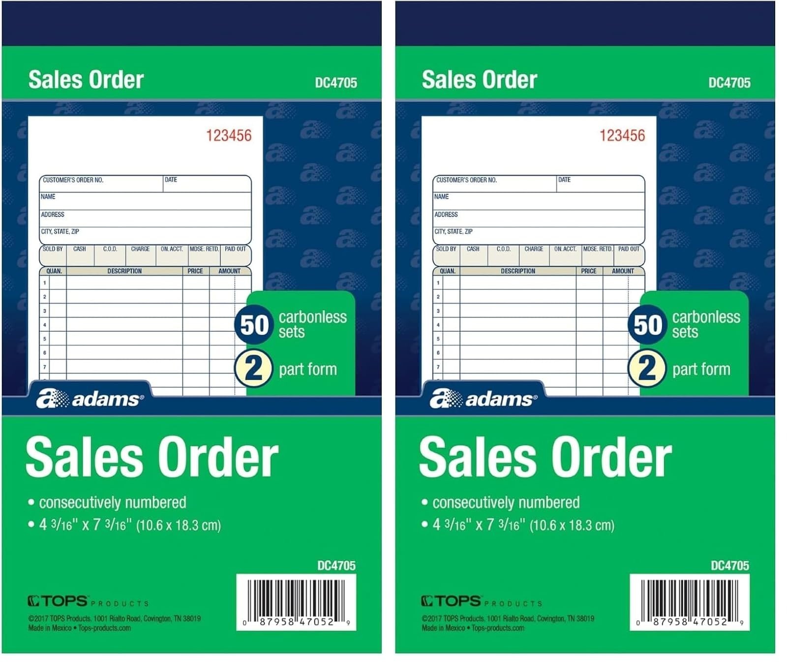 Adams Sales Order Book, 2-Part Carbonless, 50 Sets, 4-3/16 x 7-3/16