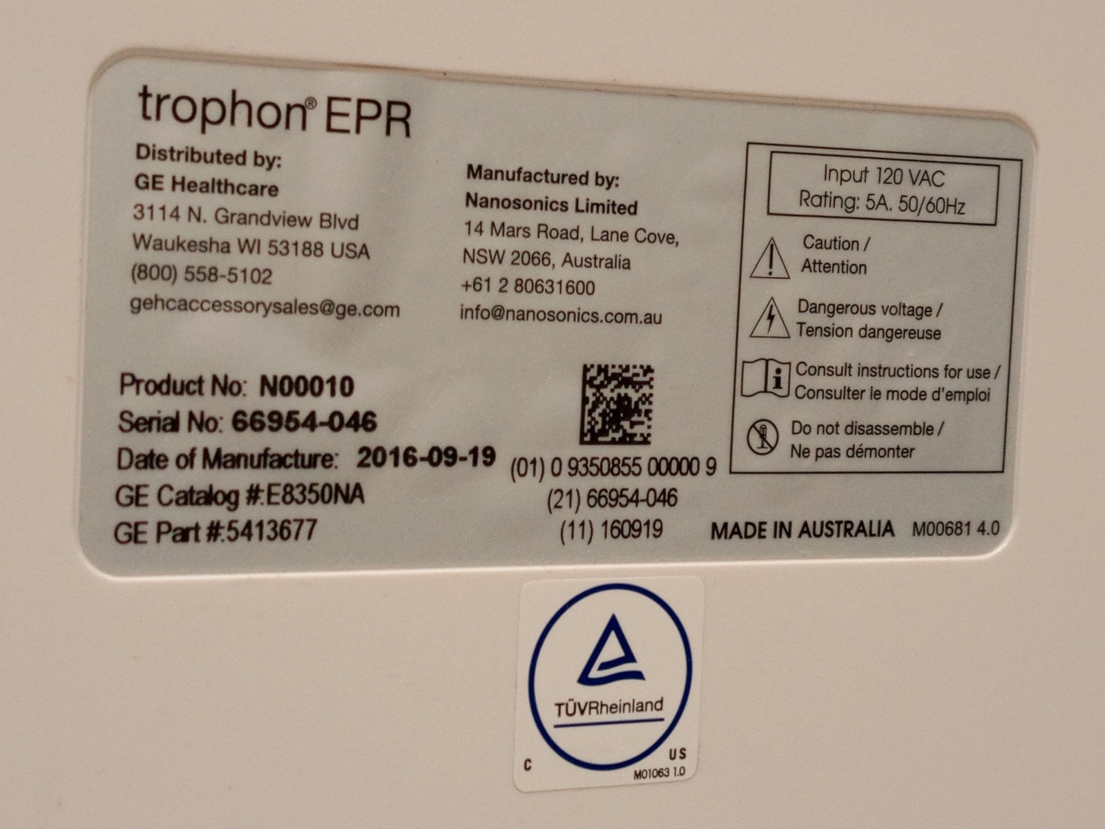 GE Healthcare Nanosonics N00010 Trophon EPR High Level Disinfection System