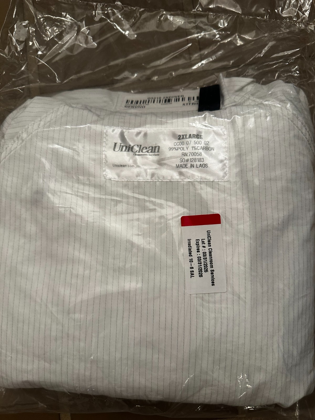 UNICLEAN 2XL COVERALL Class 7 – STERILE ESD – 03/31/2026 – 99% POLY 1% CARBON