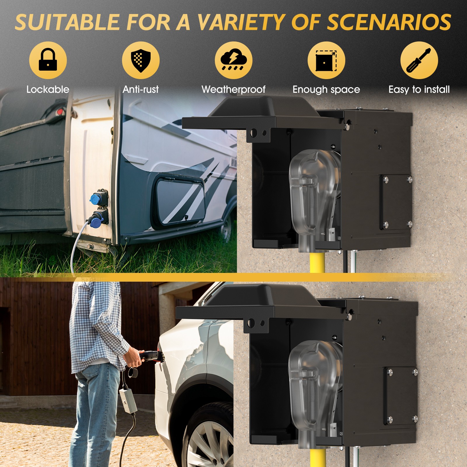 TOOLIOM 30A RV/EV Outlet Box NEMA TT-30R Lockable Weatherproof for Camper