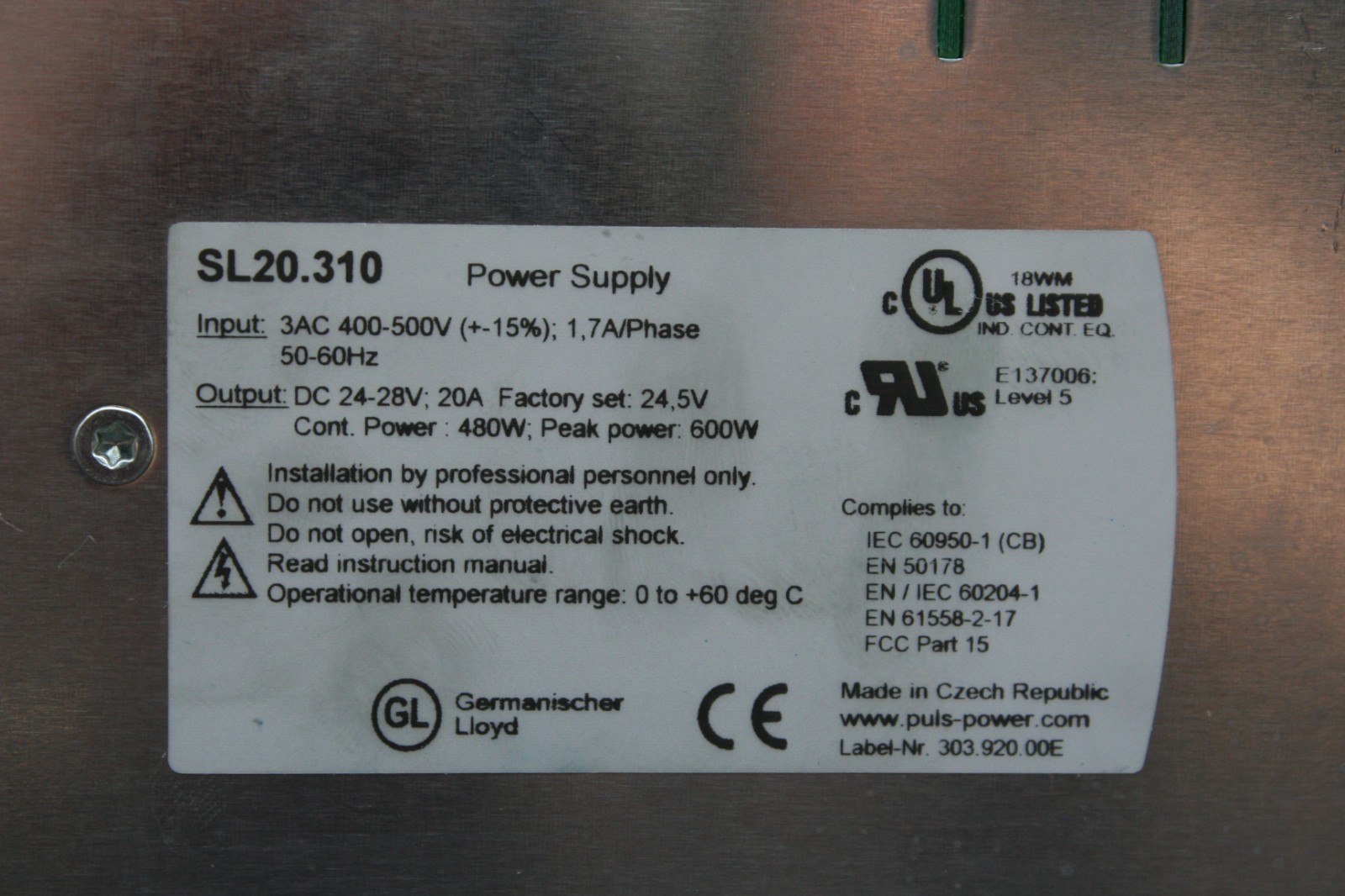One (1) PULS SL20.310 Power Supply, 3 Phase, 480W, 400-500V AC, 24-28V DC