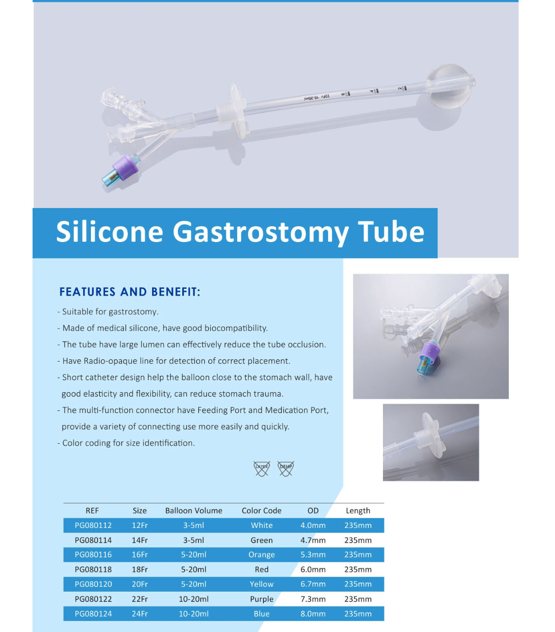 New High Quality Disposable Silicone Gastrostomy Feed PEG Tube Gastrostomy Tube