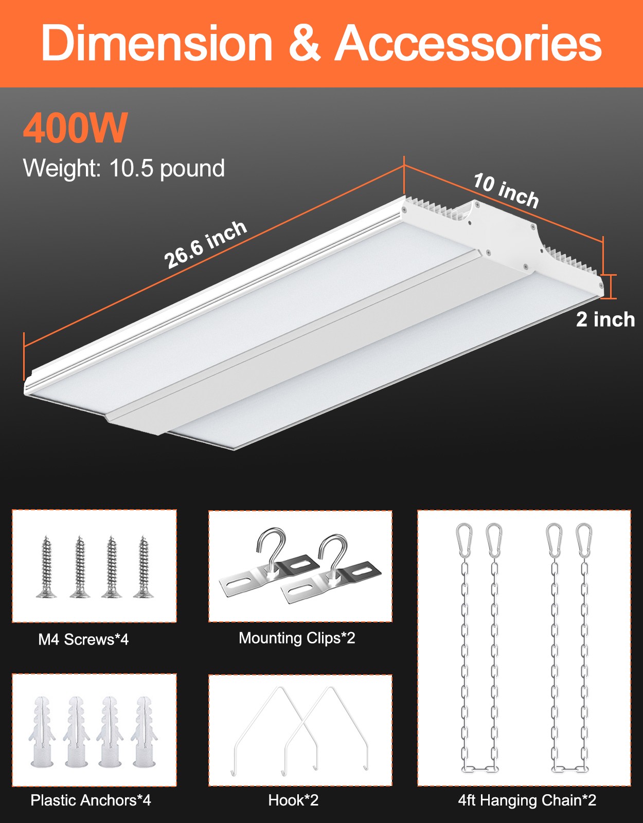 4X 400W LED Linear High Bay Light, 60000LM Commercial Shop Lights Fixture 5000K