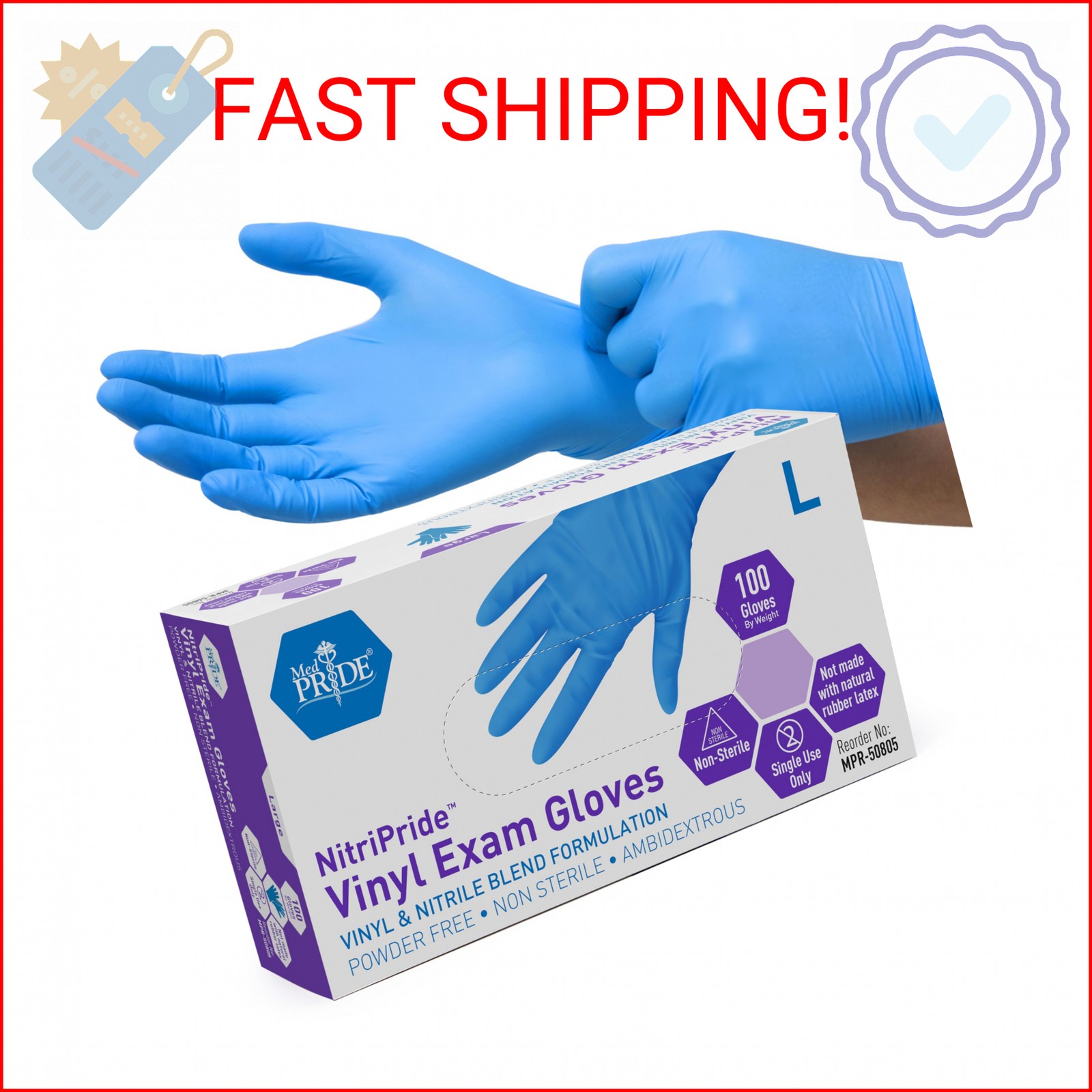 MED PRIDE Nitrile/Vinyl Blend Exam Gloves,Powder-Free,Blue,Large,100-Count