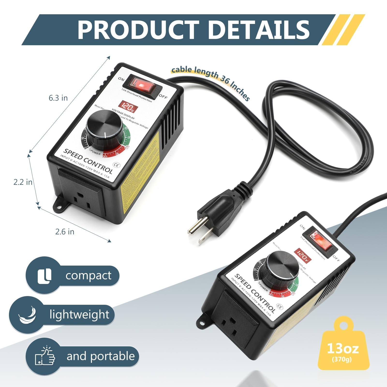 Variable AC Motor Speed Controller 100V-120V 15A Max, Fan Speed Regulator, LED D